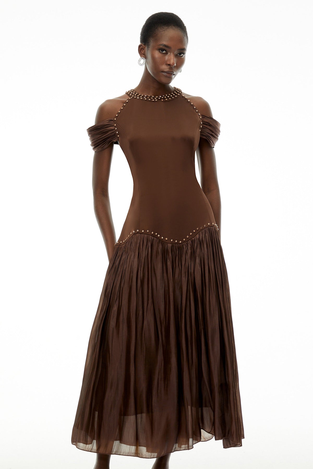 Alice Chocolate Brown Embellished Pleated Maxi Dress