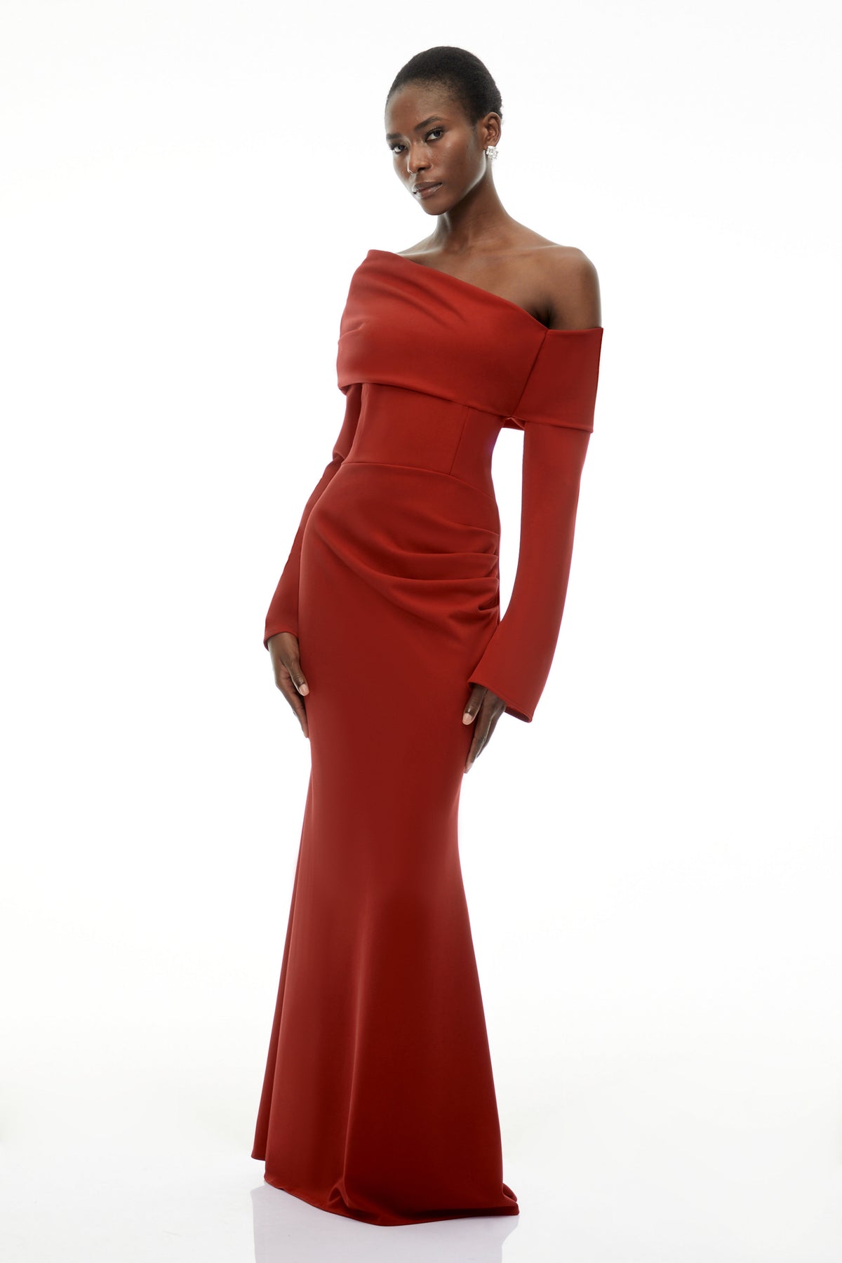 Alina Red Asymmetrical Draped Maxi Dress