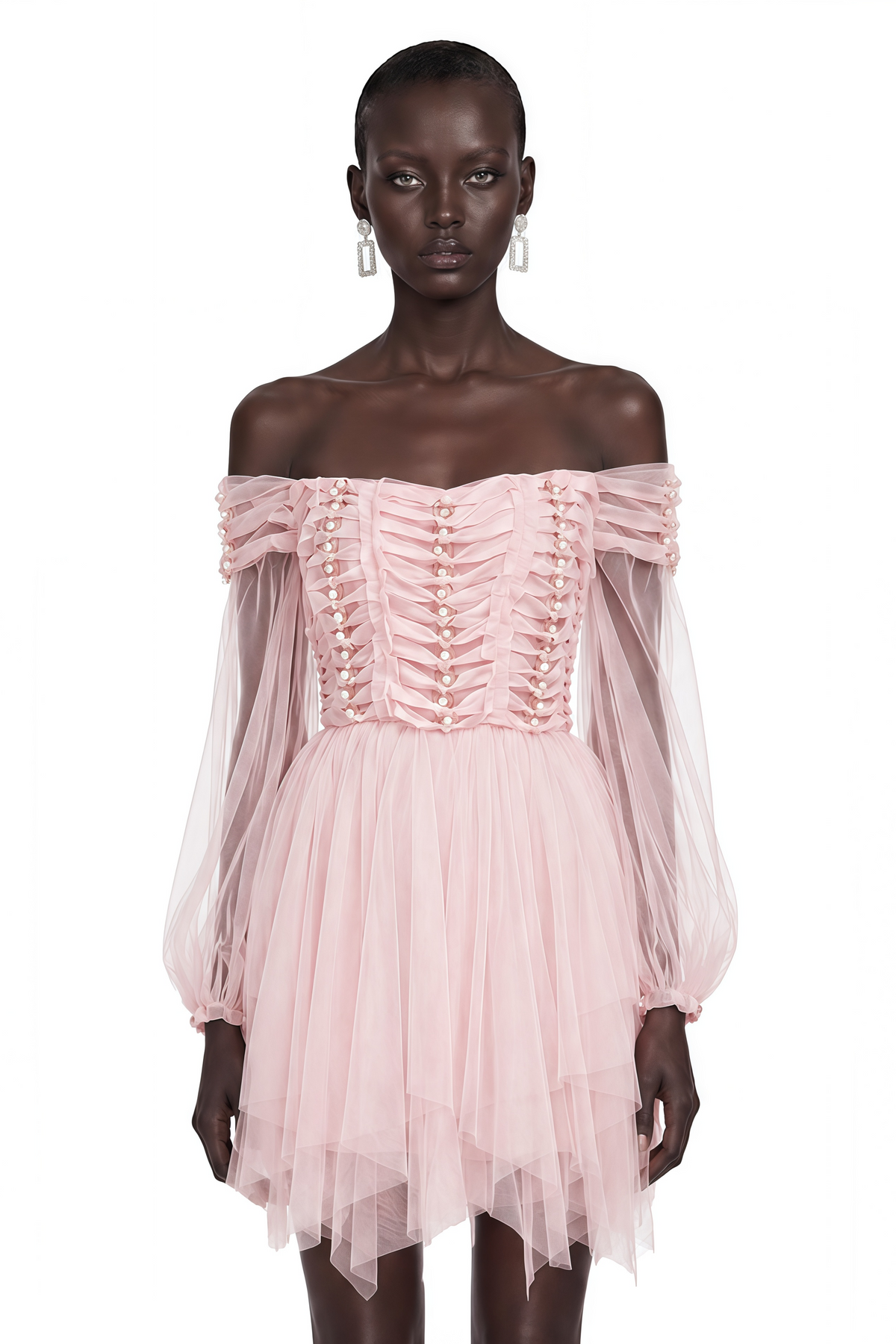 Alma Blush Pink Ruffled Asymmetrical Mini Dress with Pearls