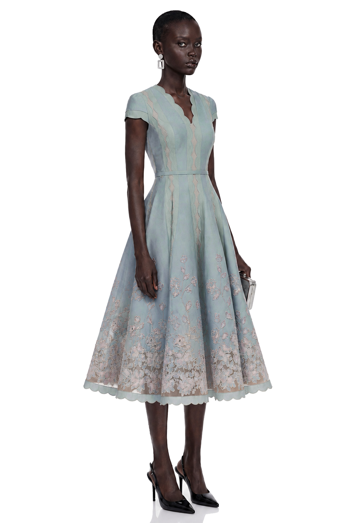 Amália Blue Scalloped Floral Embroidered Midi Dress