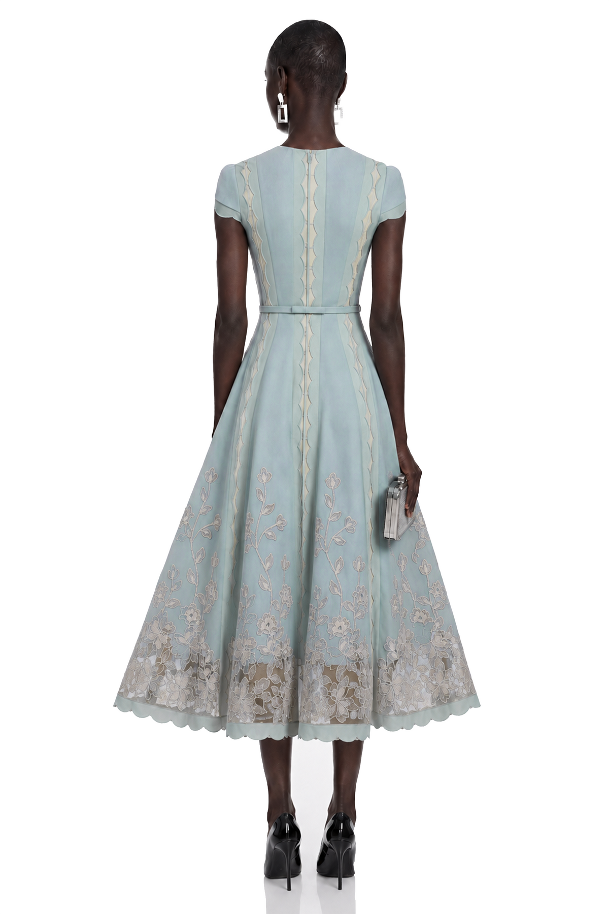 Amália Blue Scalloped Floral Embroidered Midi Dress