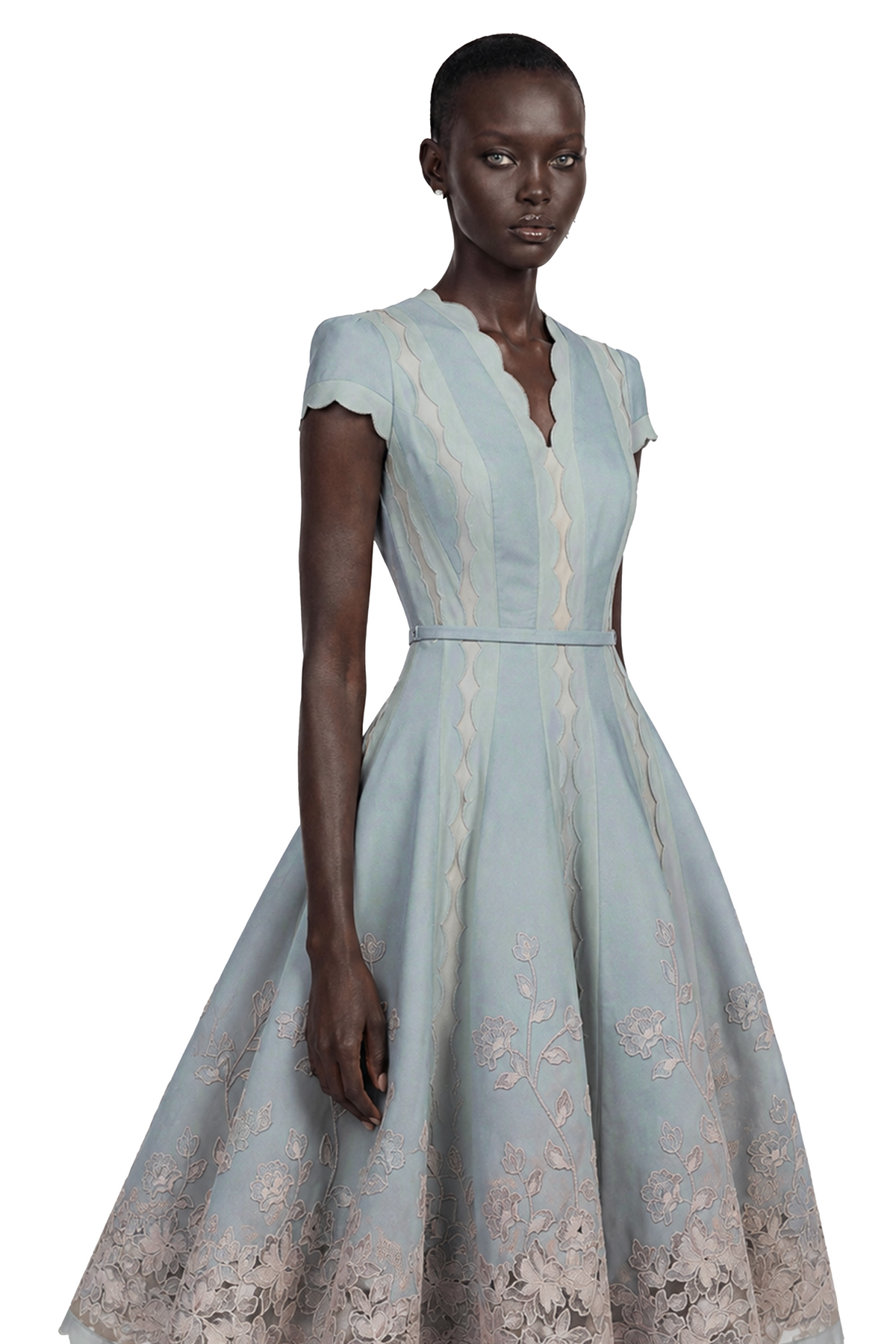 Amália Blue Scalloped Floral Embroidered Midi Dress