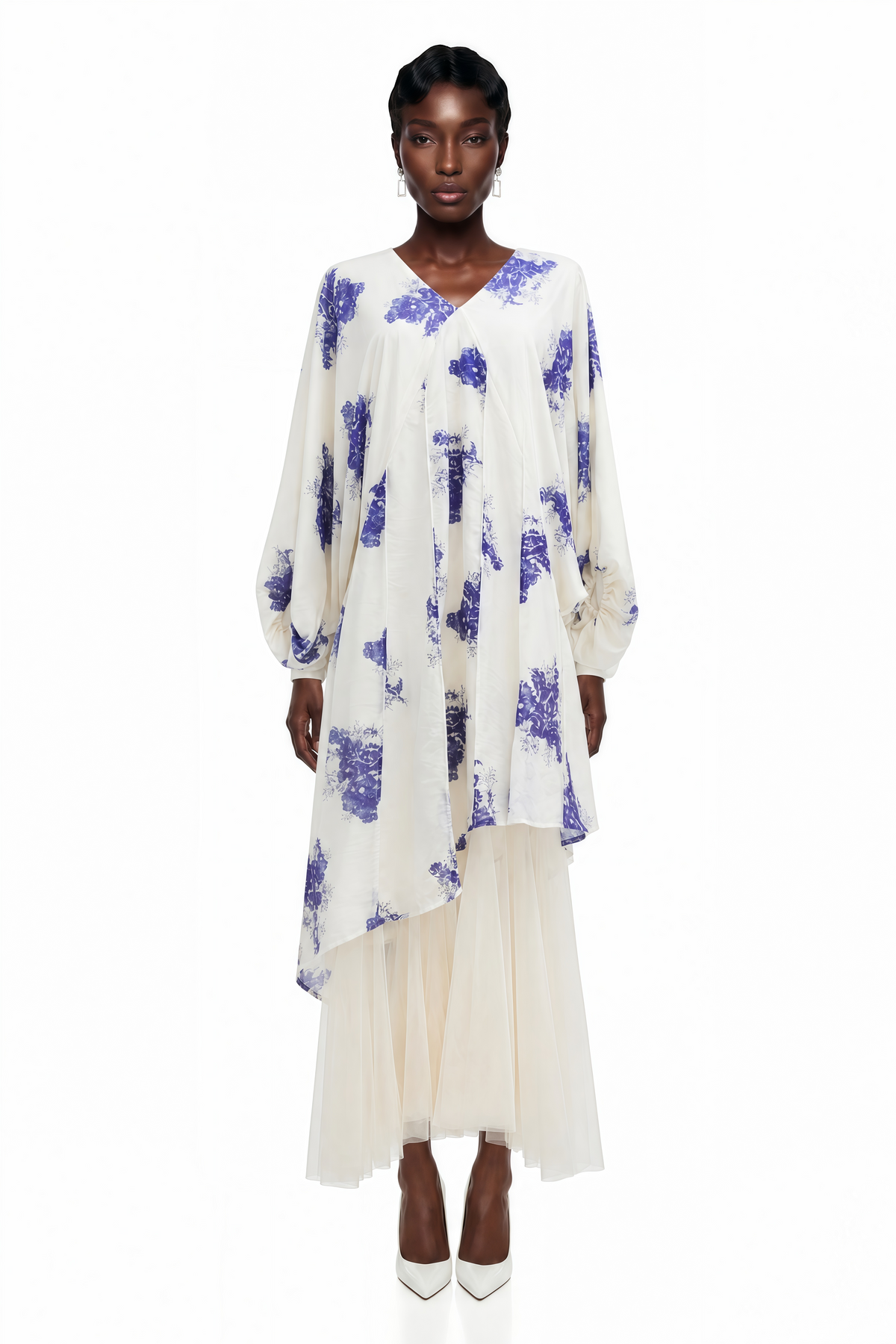 Amara White Floral Print Asymmetrical Maxi Dress