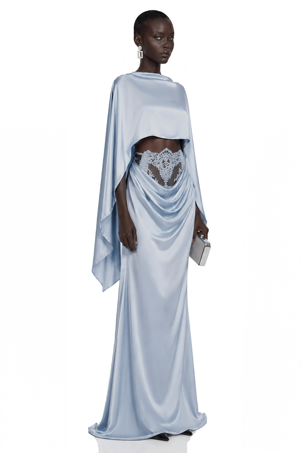 Amelia Blue Cape Top & Draped Skirt Set with Lace Panels