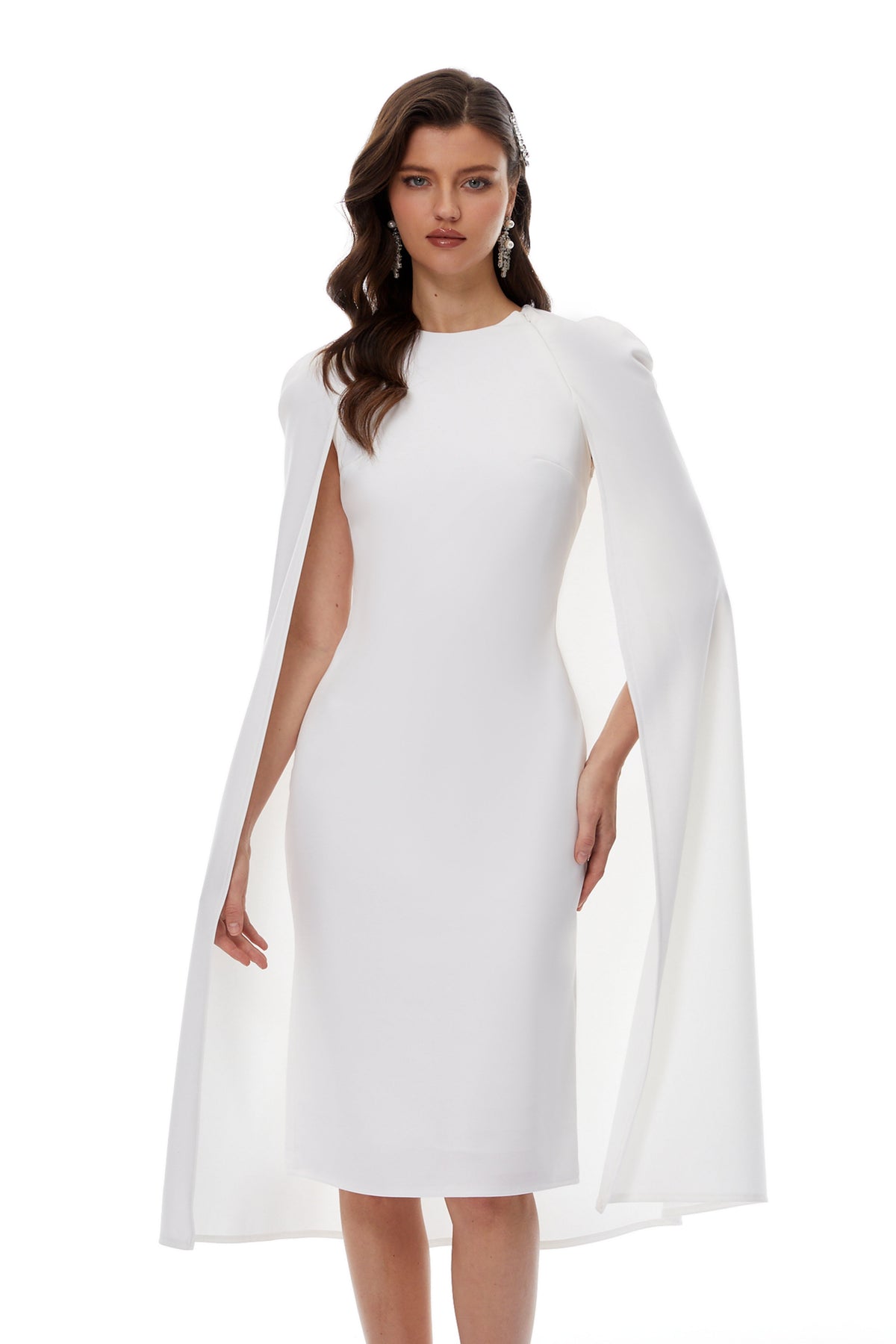 Amelia White Cape Effect Midi Dress