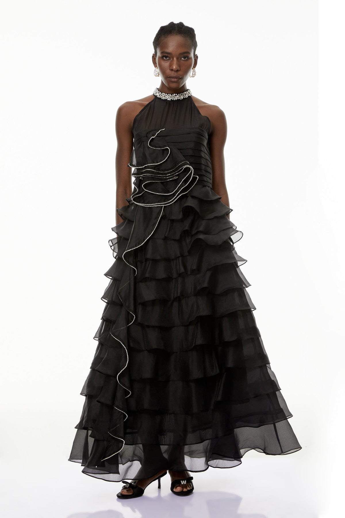 Anathi Black 3D Petal Ruffled Maxi Dress
