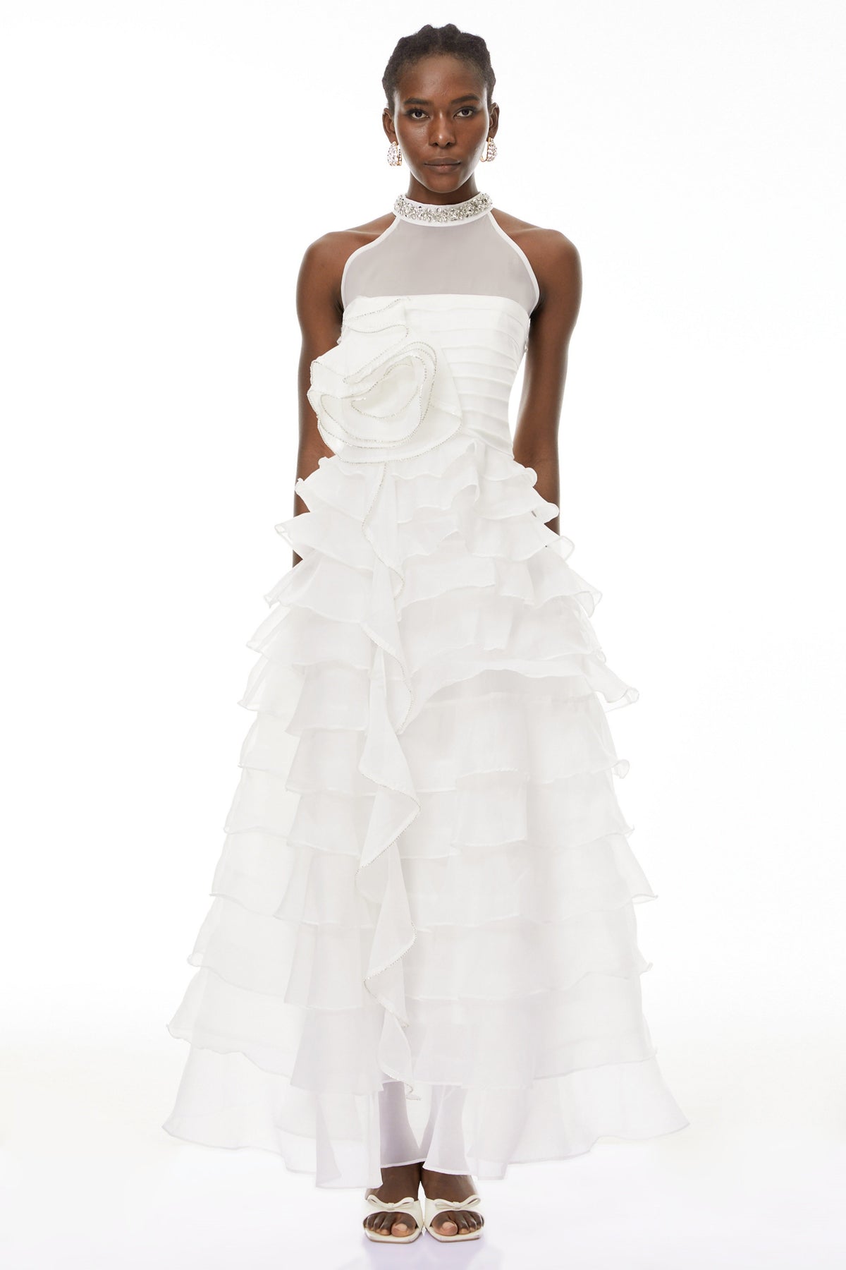 Anathi White 3D Petal Ruffled Maxi Dress