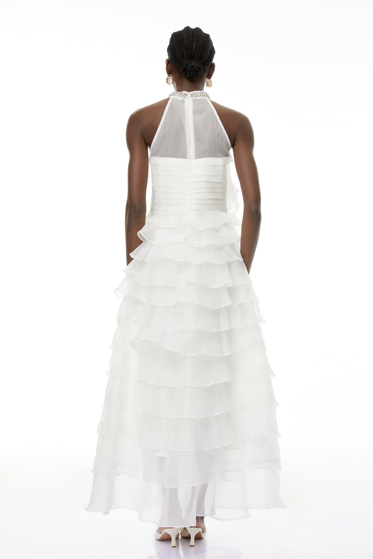 Anathi White 3D Petal Ruffled Maxi Dress