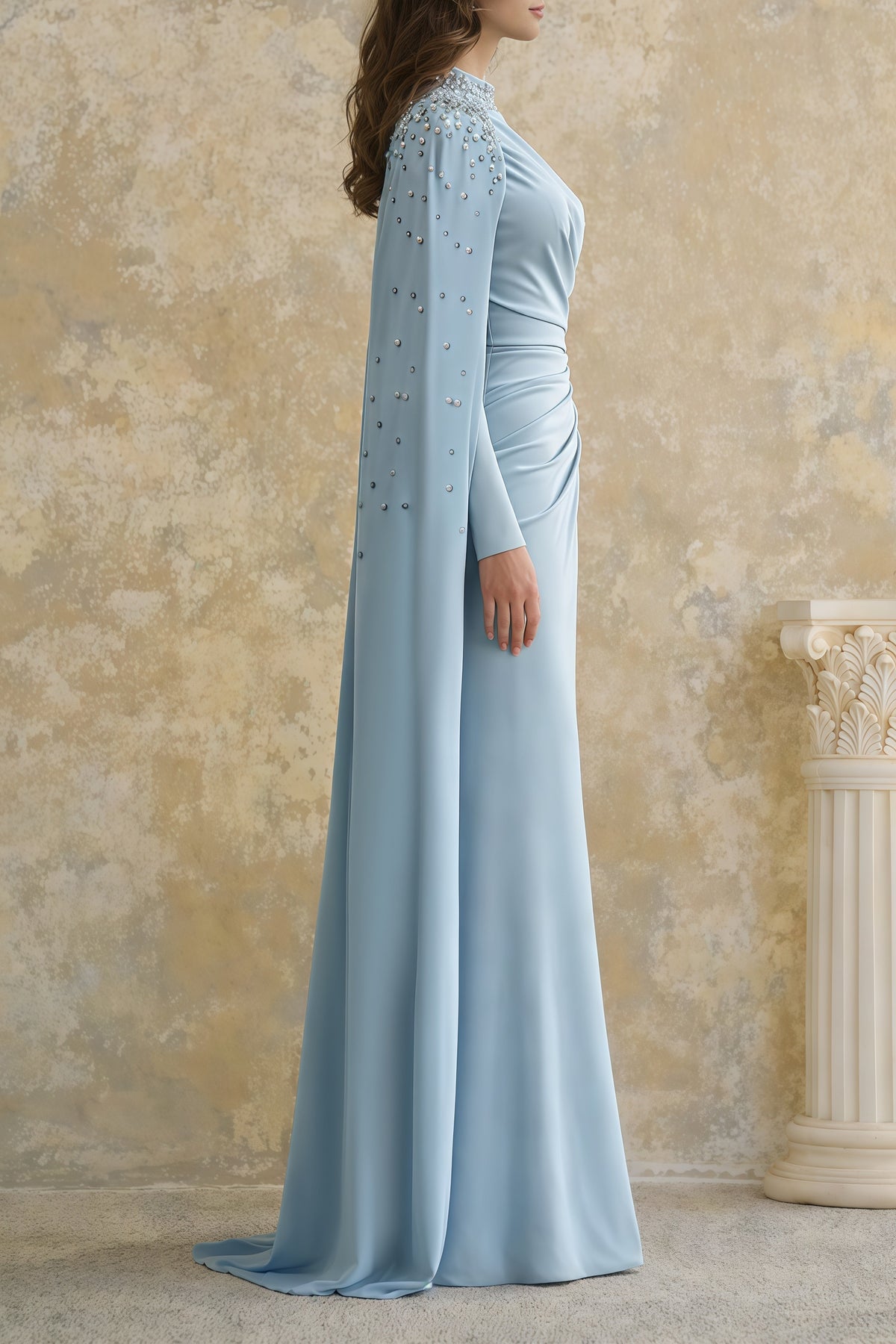 Andreea Blue Cape Maxi Dress with Embellishment