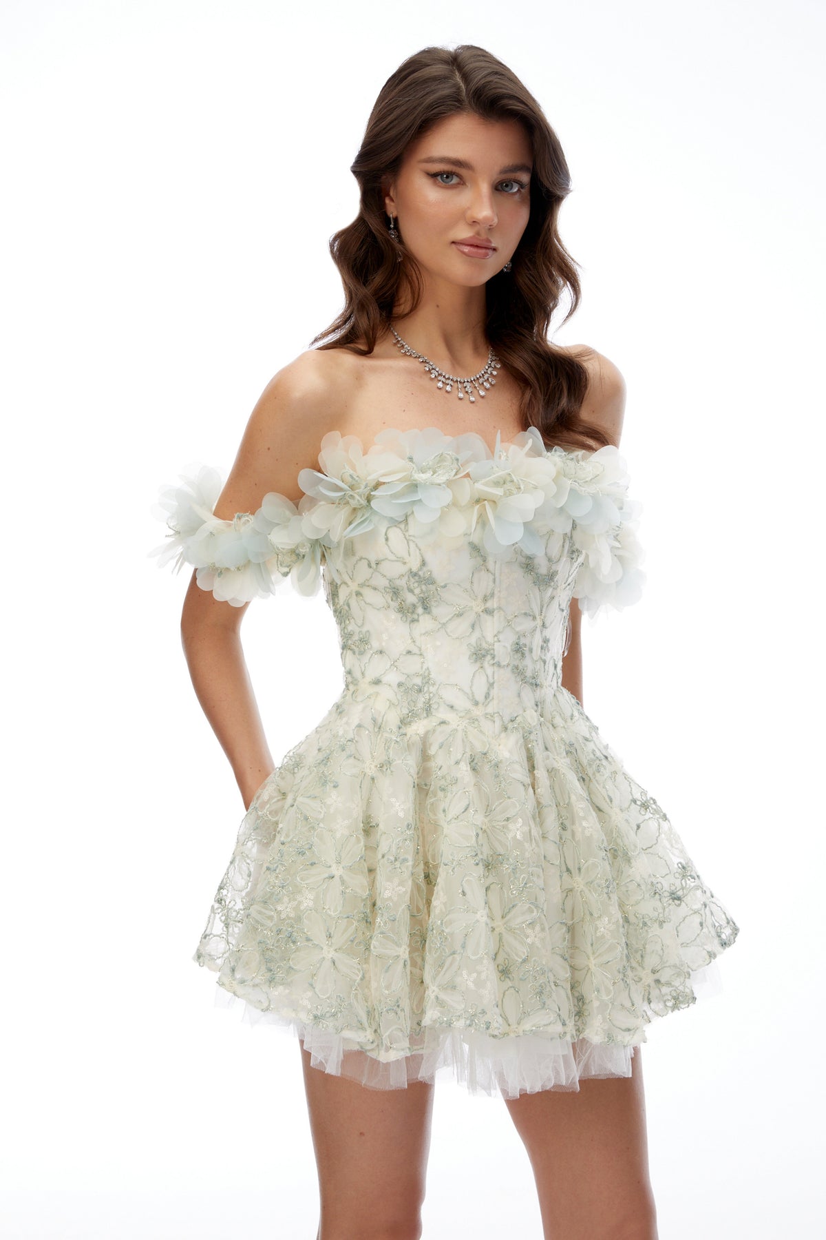 Angela Green Off Shoulder Lace Mini Dress with 3D Florals