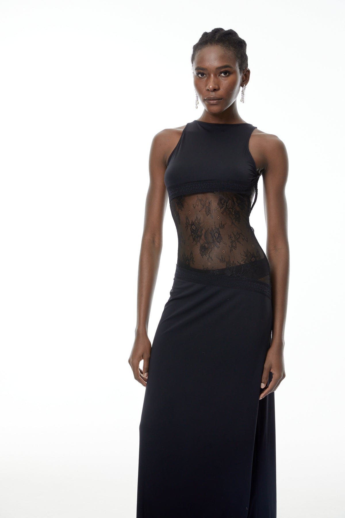 Annemarie Black Lace Panel Stretch Maxi Dress