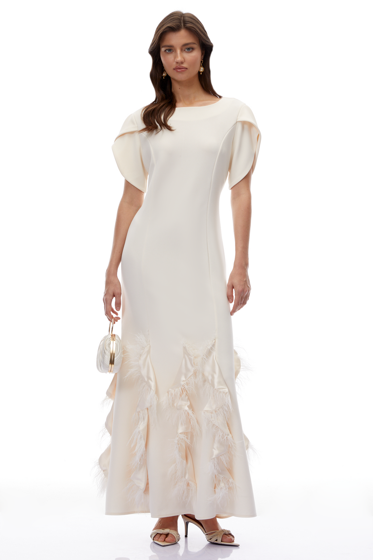 Annika White Ruffled Maxi Dress with Feather Trim