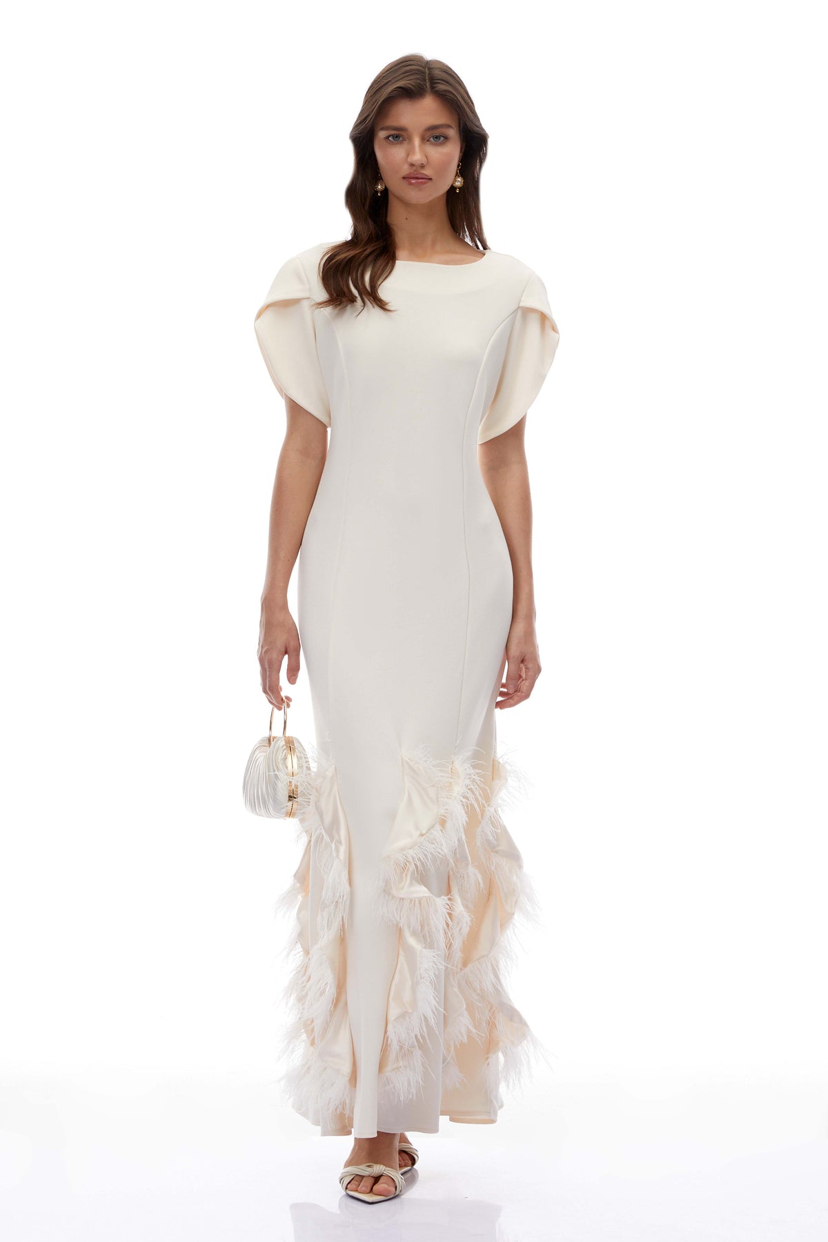 Annika White Ruffled Maxi Dress with Feather Trim