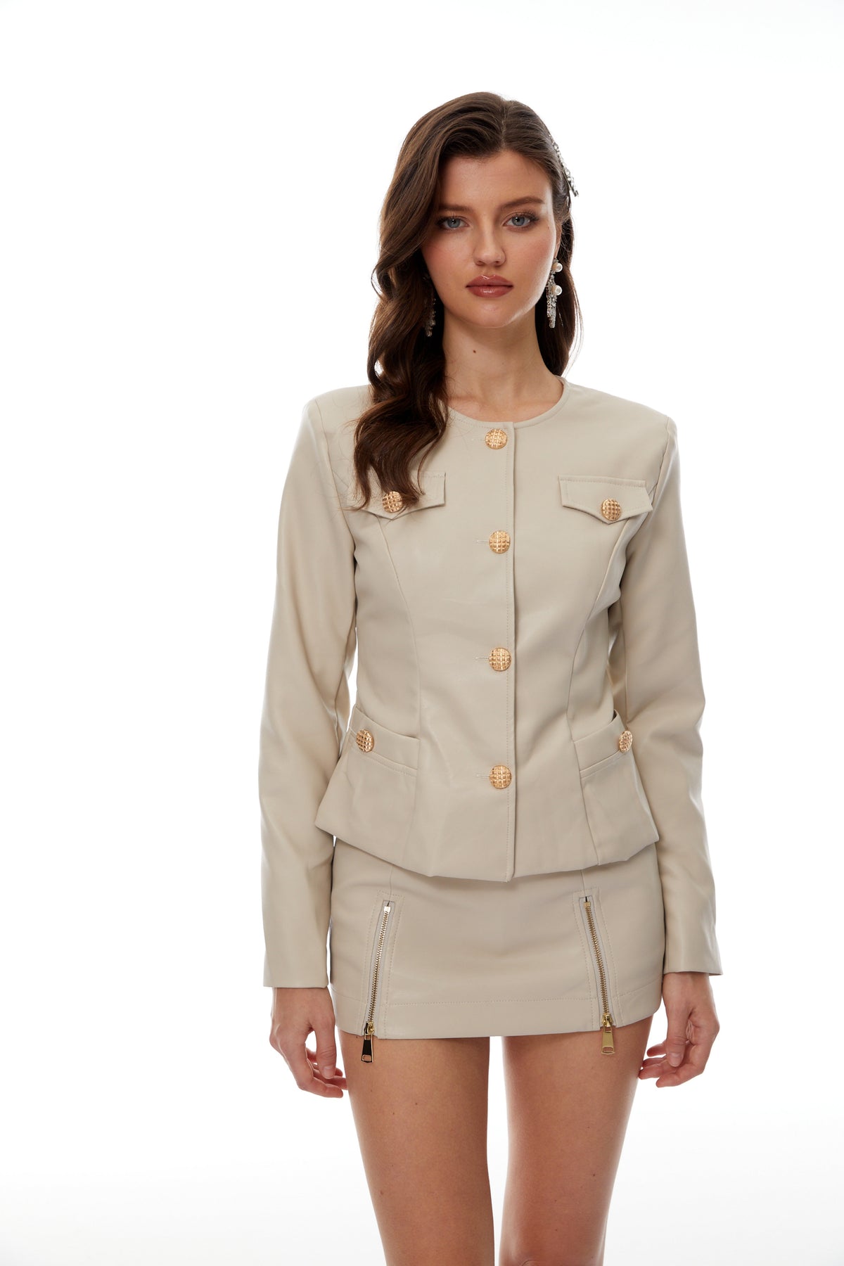 Anniken Neutral Faux Leather Jacket & Skirt Set