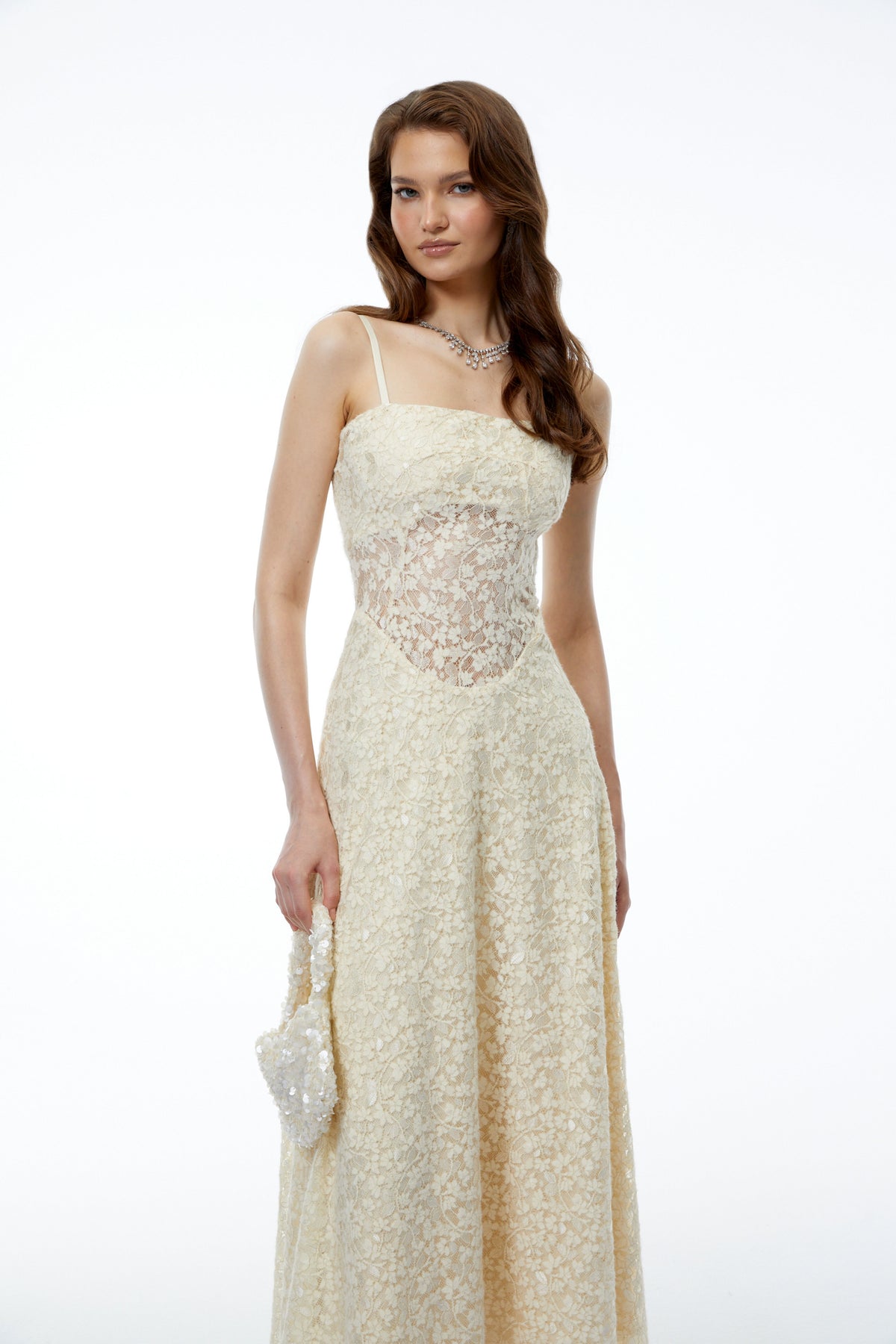 Anouk Cream Sleeveless Maxi Dress with Lace Panels