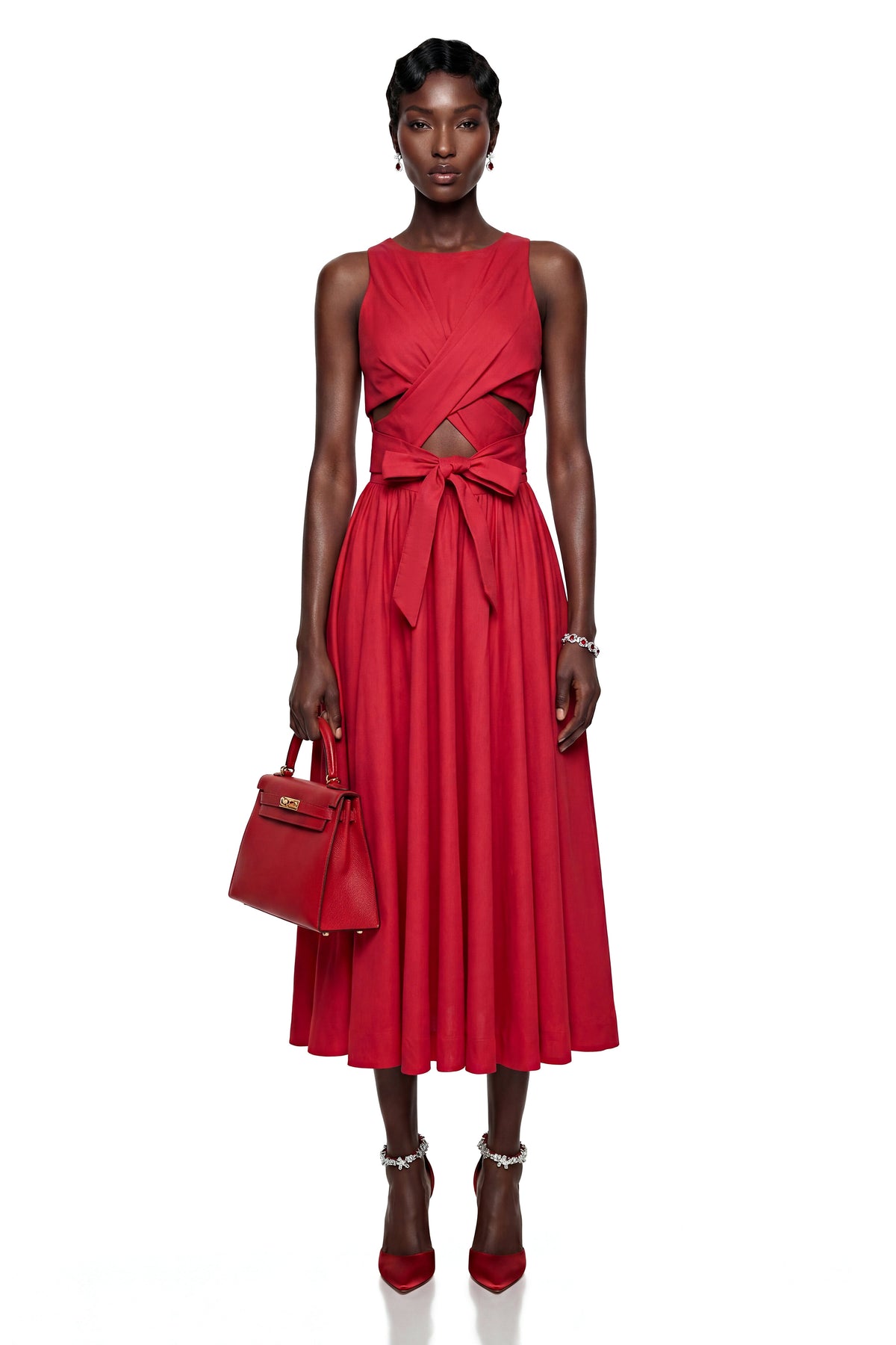 Antigone Red Halterneck Midi Dress with Cut-Outs