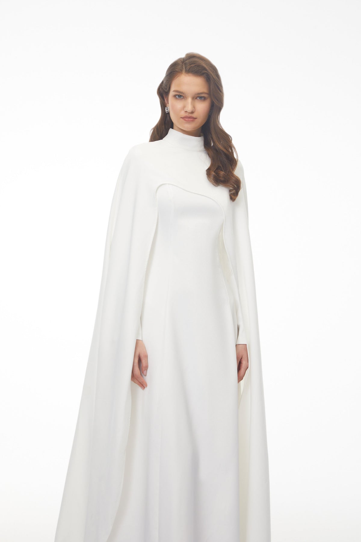Antonina White Cape Maxi Gown with Long Sleeves