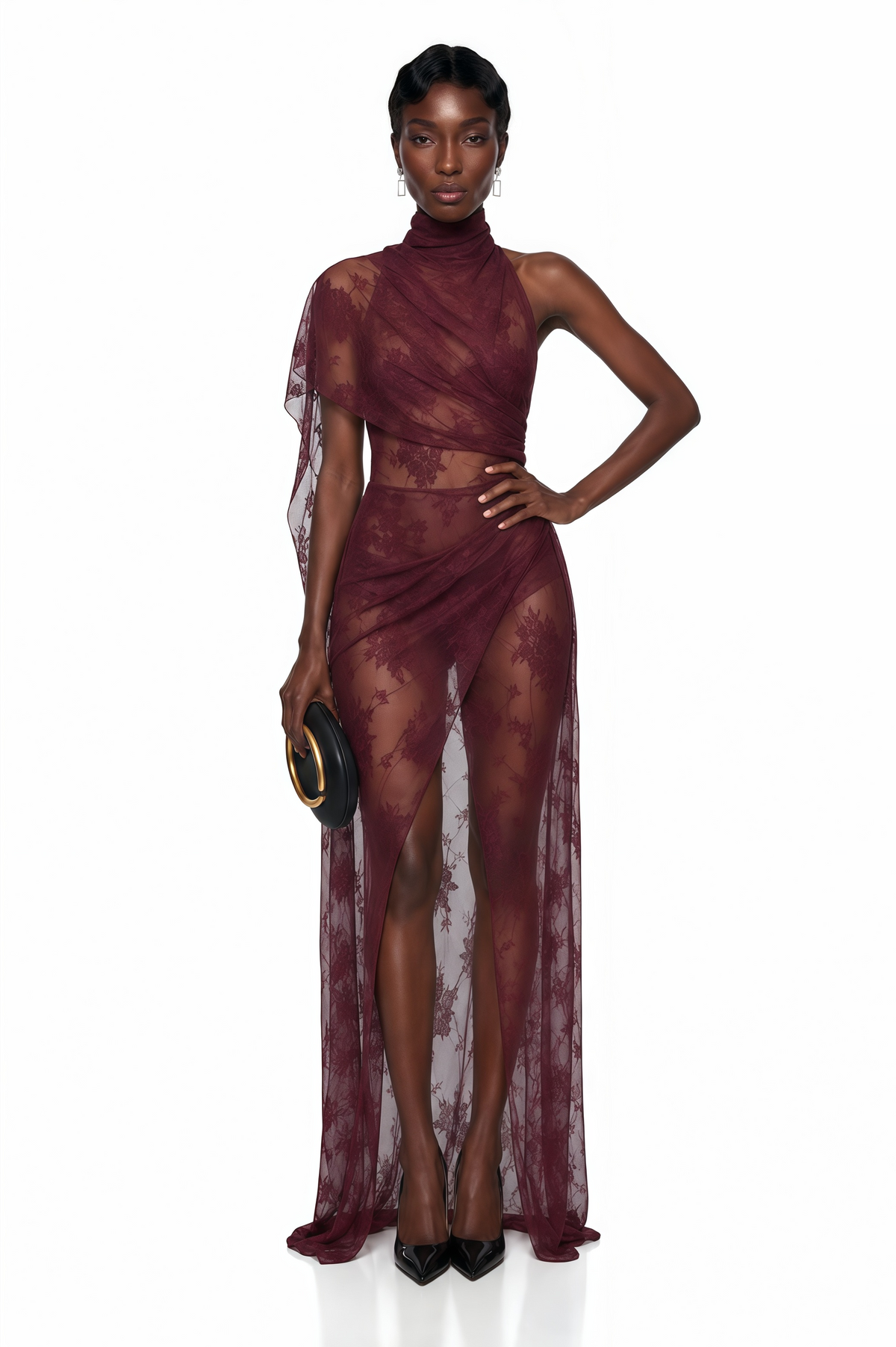 Arabella Burgundy High Neck Lace Maxi Dress
