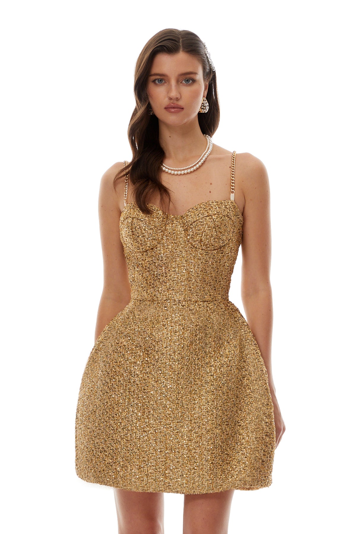 Arna Gold Sweetheart Neckline Tweed Mini Dress (Final Sale-US Only)
