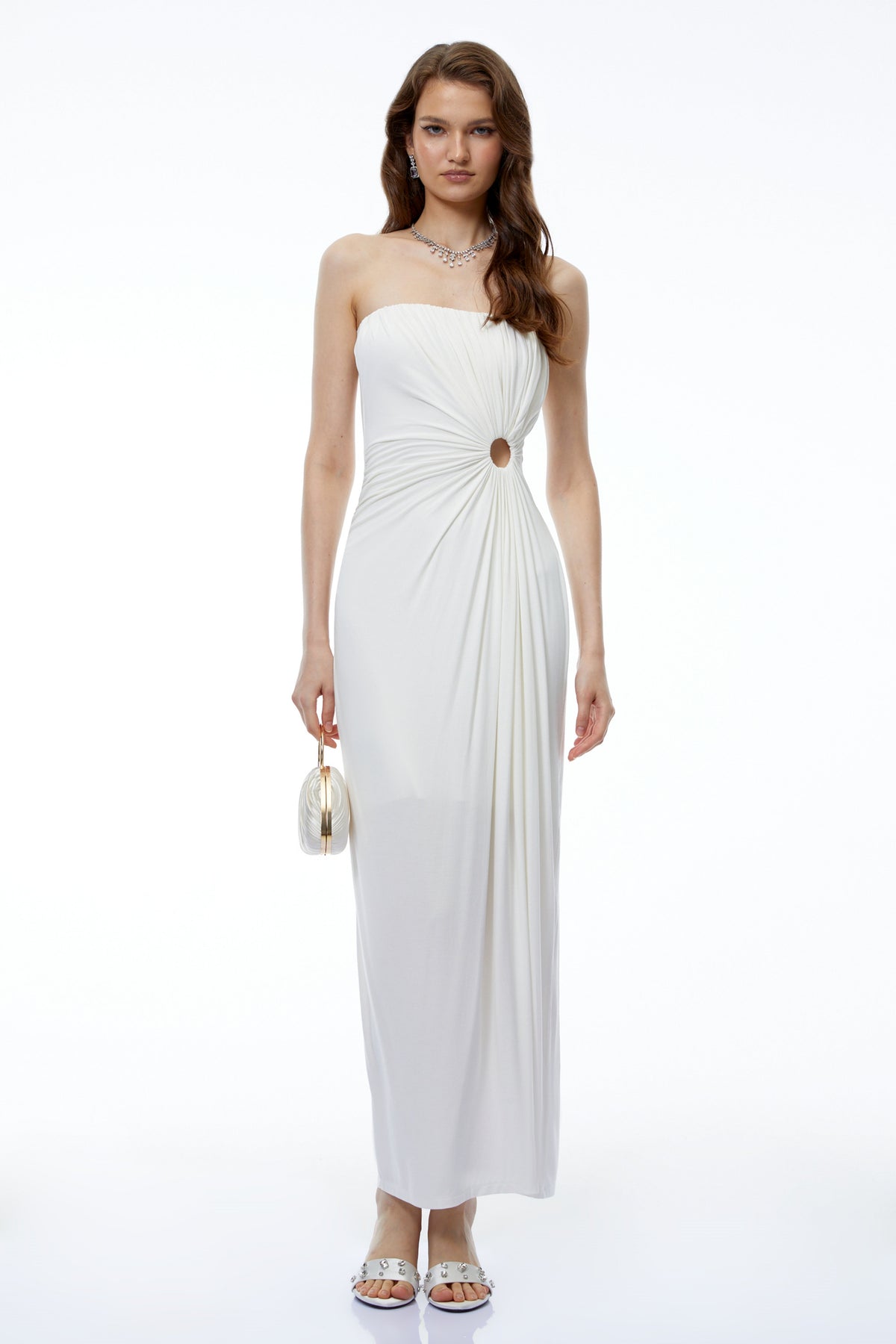 Aroha White Off Shoulder Ruched Maxi Dress
