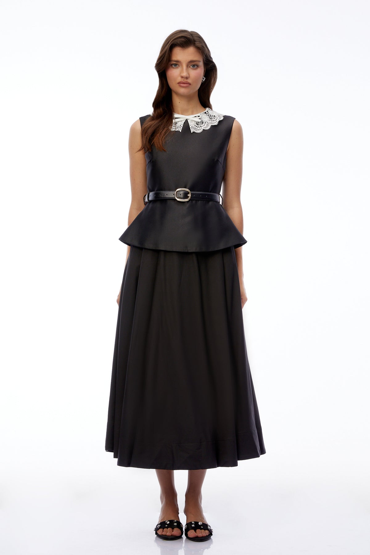 Ata Black Lace Trim Midi Dress