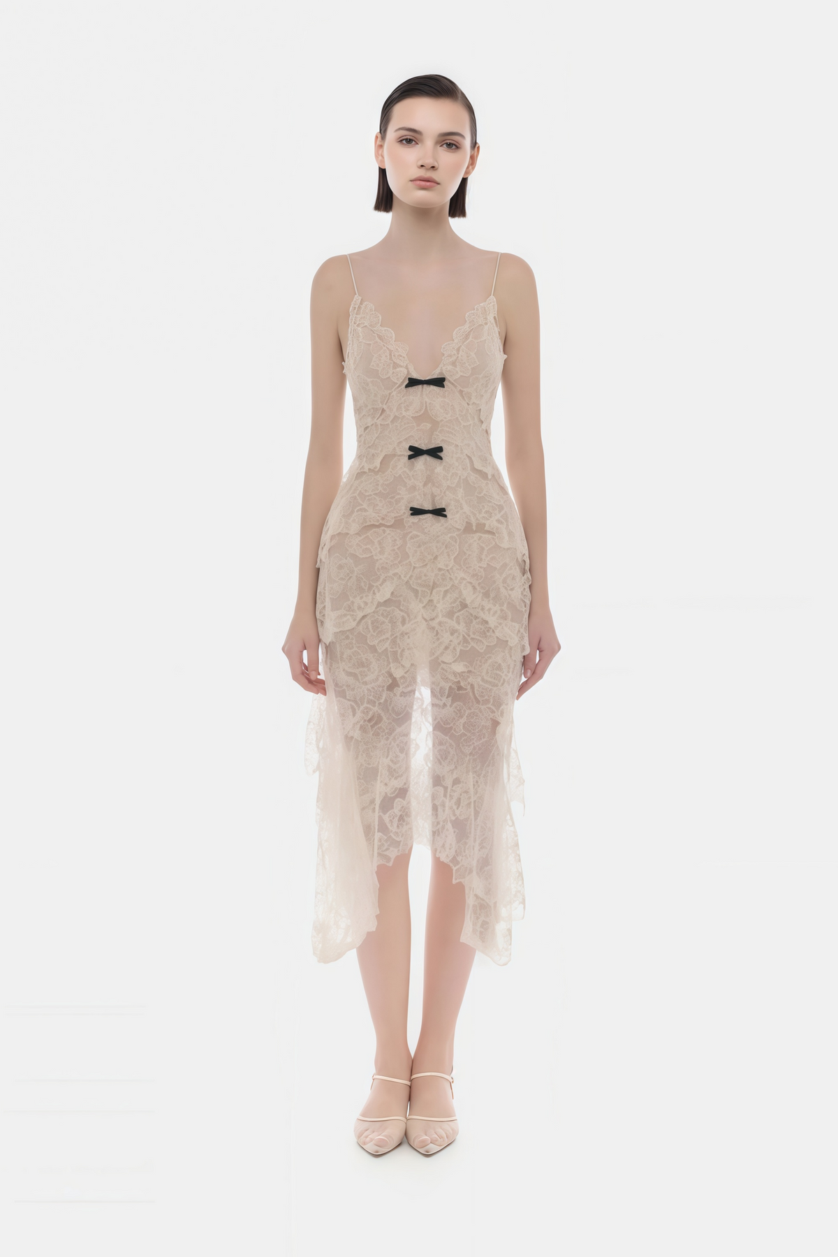 Atousa Cream Layered Floral Lace Maxi Dress with Bow