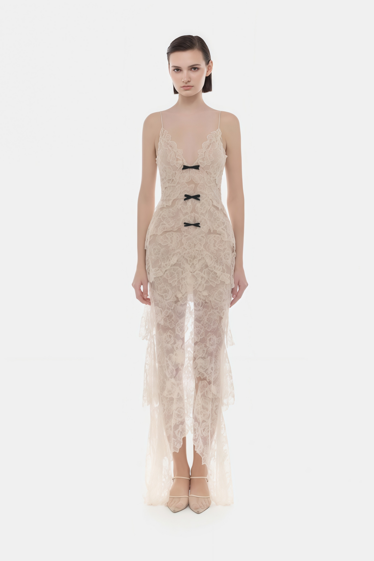 Atousa Cream Layered Floral Lace Maxi Dress with Bow
