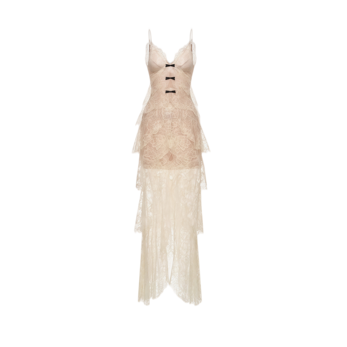 Atousa Cream Layered Floral Lace Maxi Dress with Bow