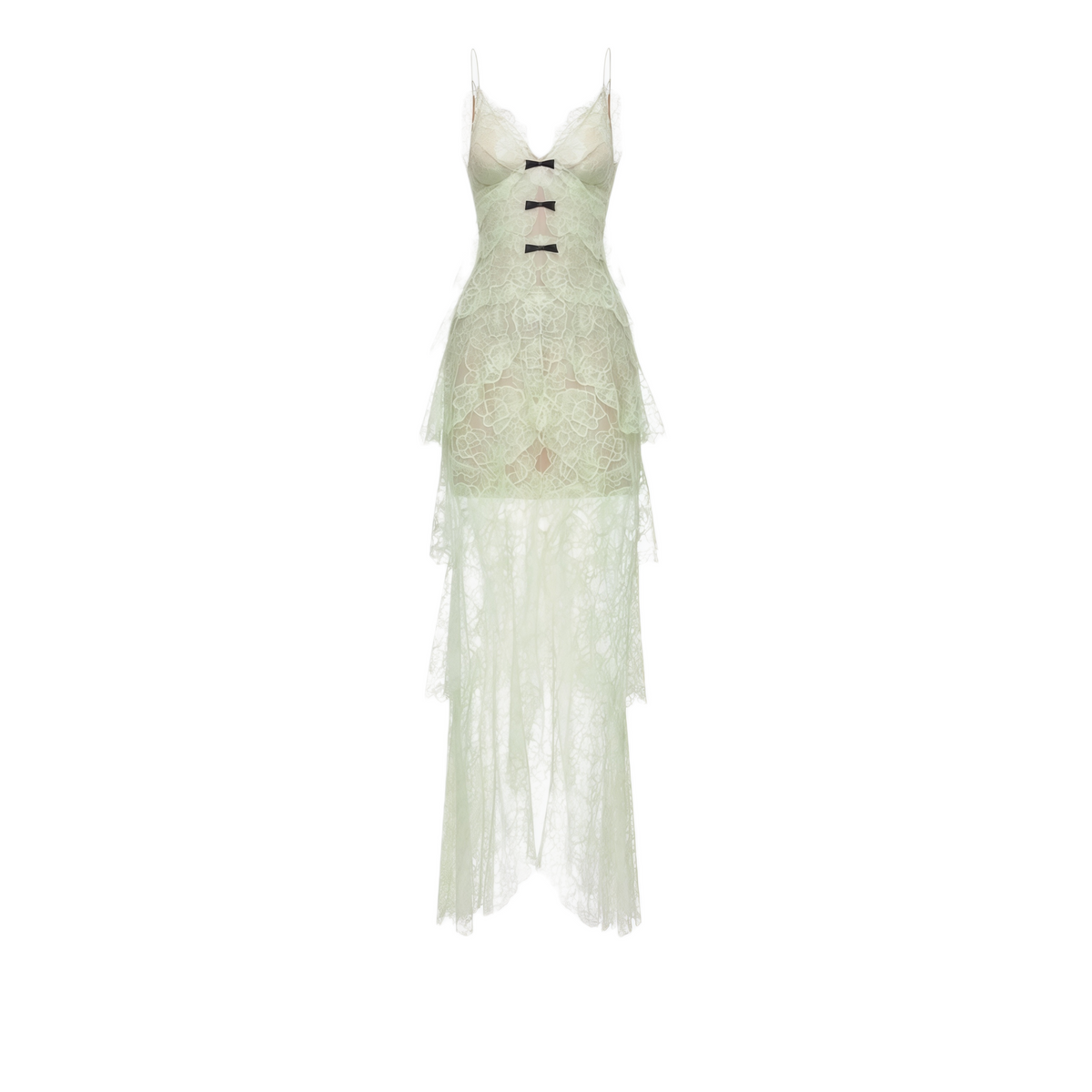 Atousa Green Layered Floral Lace Maxi Dress with Bow