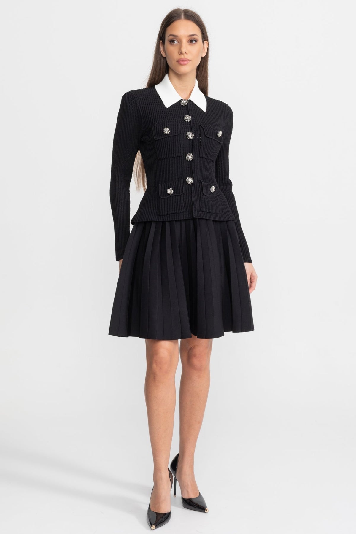 Ribbed Knit Mini Dress with Contrast Collar and Pleated Skirt – Black