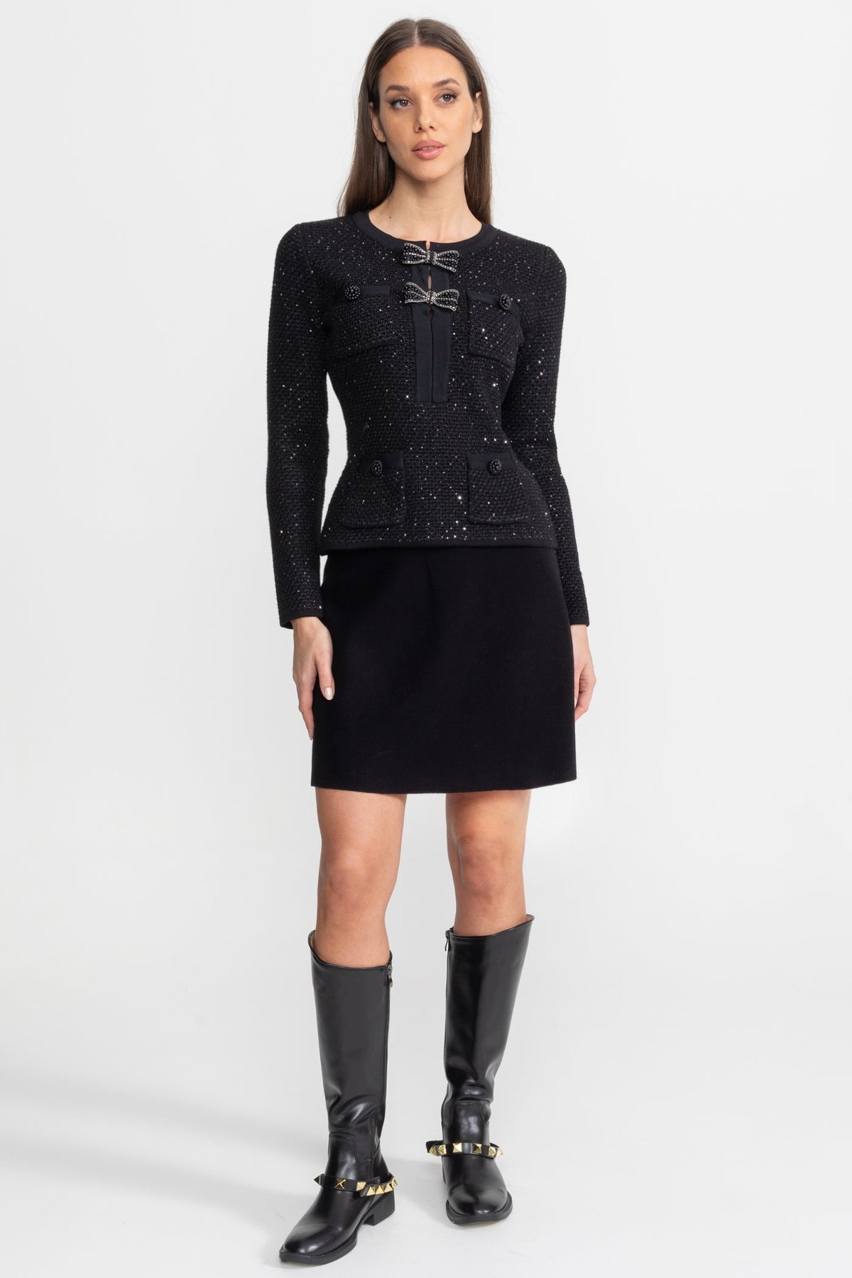 Embellished Tweed Co-Ord Set with Bow Closures And Mini Skirt – Black