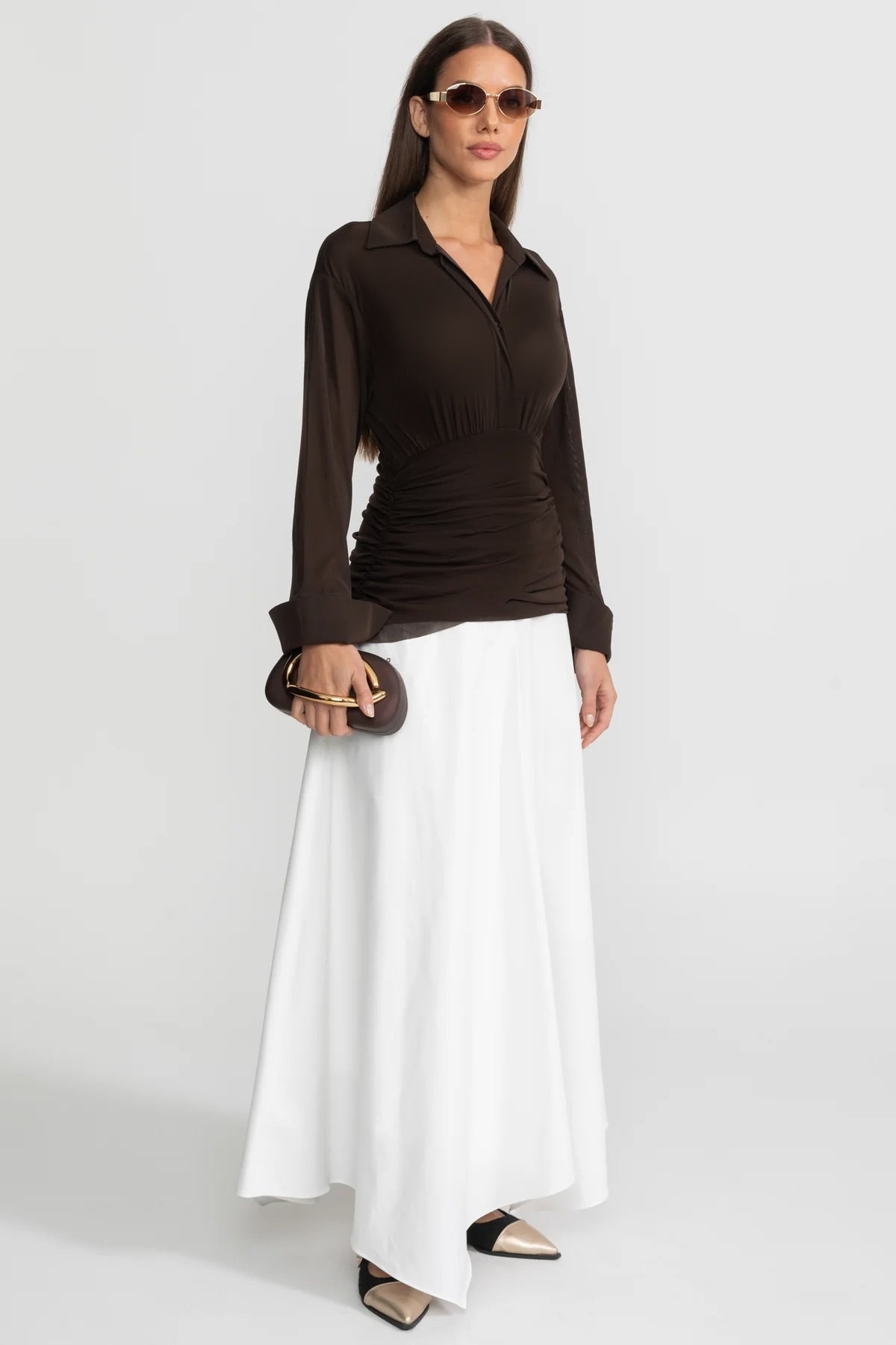 Long-Sleeve Ruched Bodice Maxi Dress – Brown & White