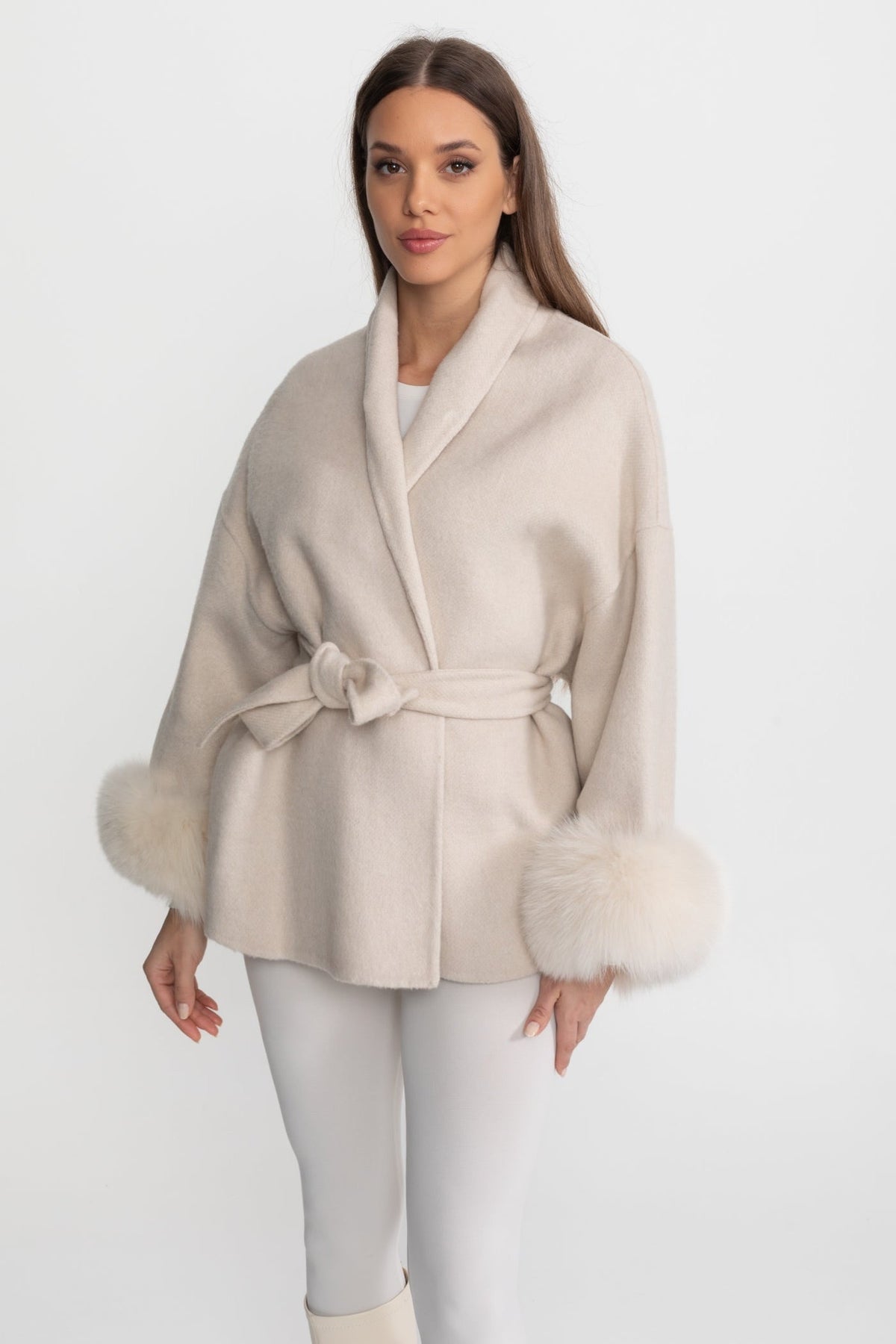 Wool Blend Wrap Jacket with Fox Fur Cuffs – Cream