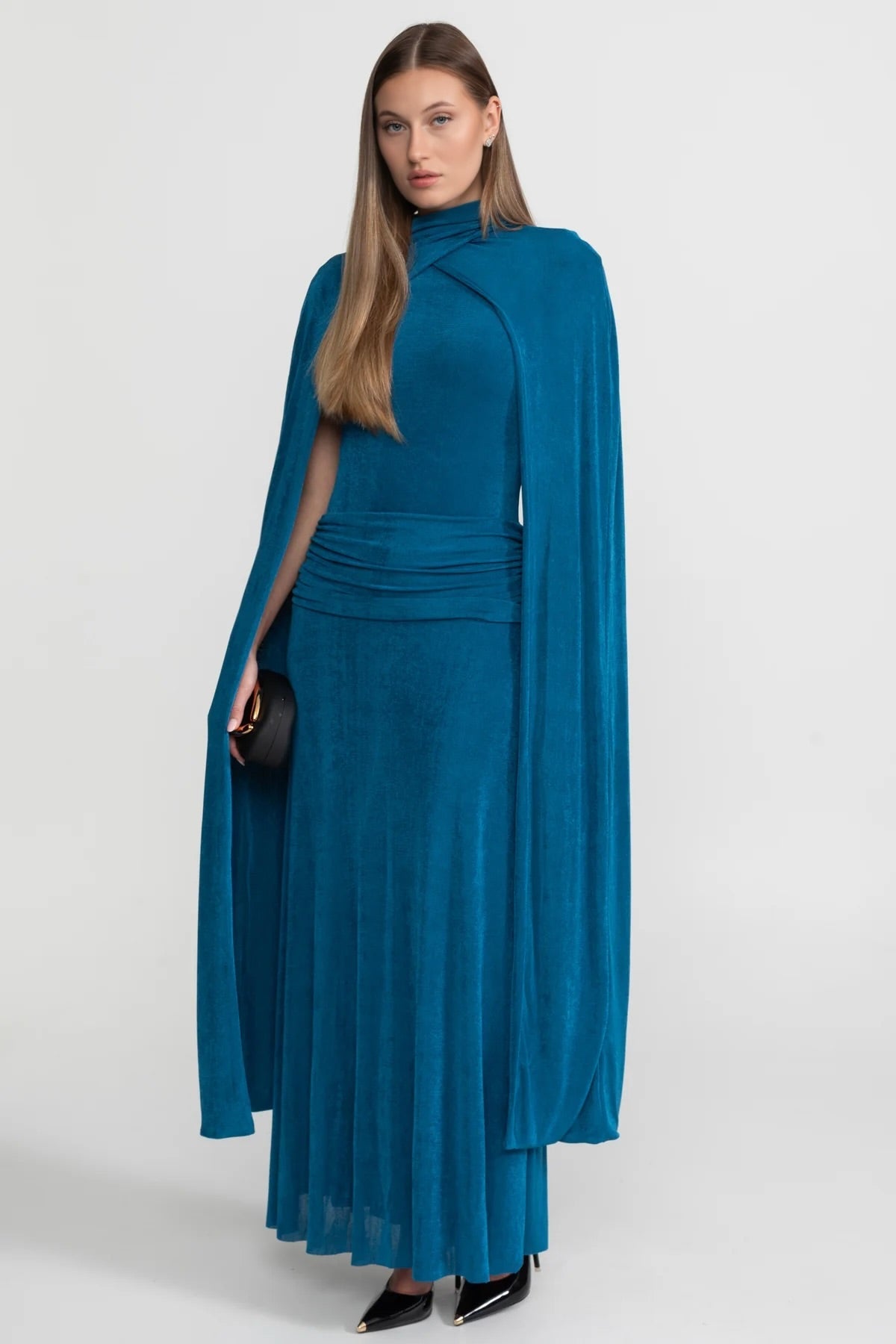 Elegant Cape Gown With High Neckline – Teal