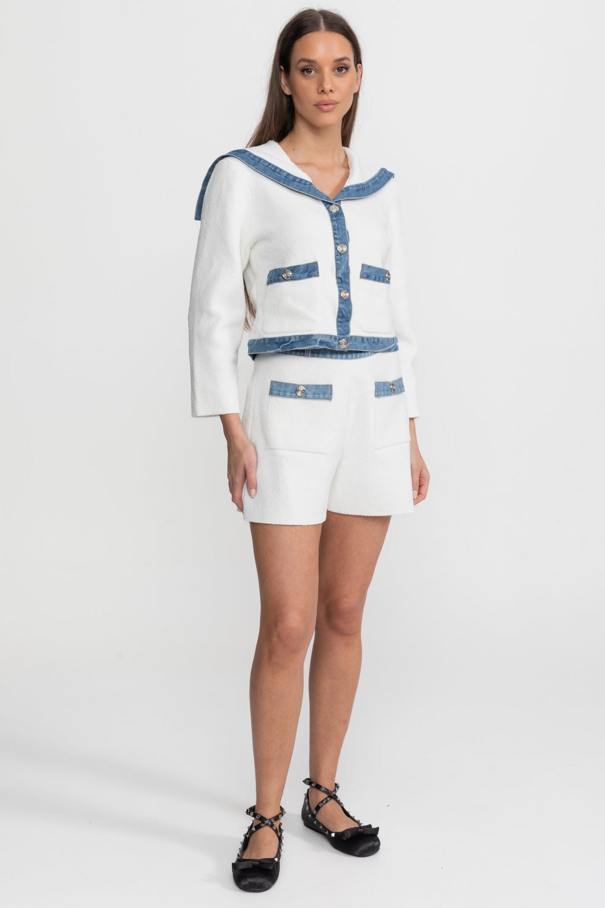Textured Knit Co-Ord Set with Denim Trim – White & Blue
