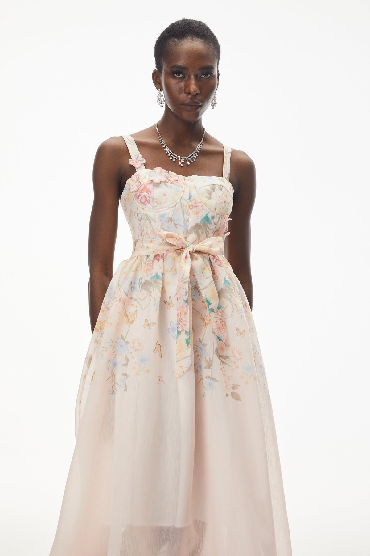 Baucis Pink Floral Print Midi Dress with Tie Waist
