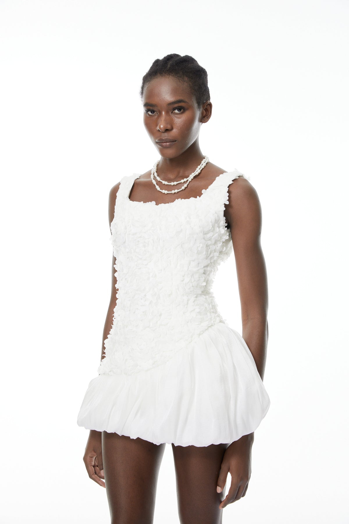 Beatrice White 3D Petal Bubble Mini Dress