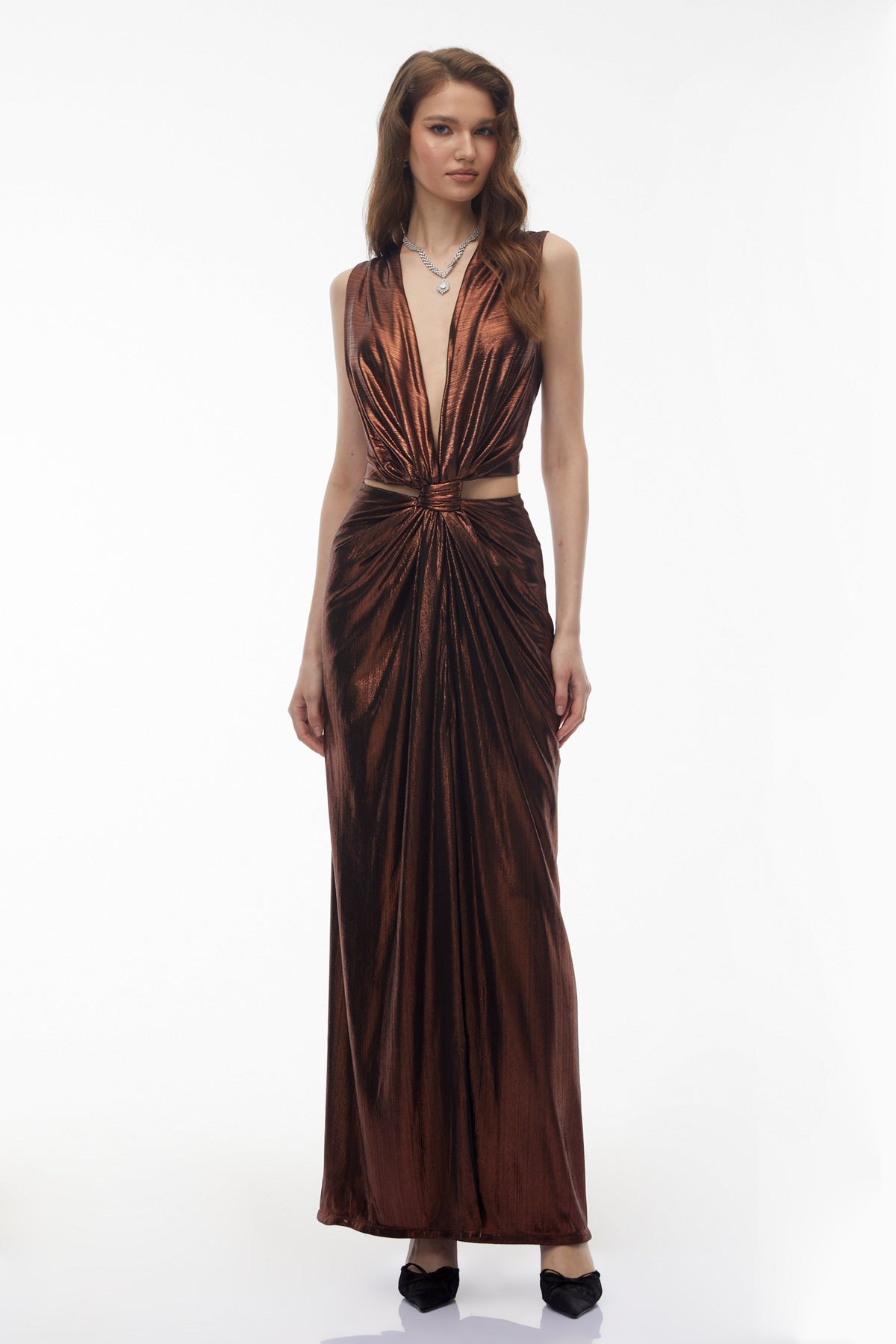 Berenike Metallic Bronze Ruched Satin Maxi Dress