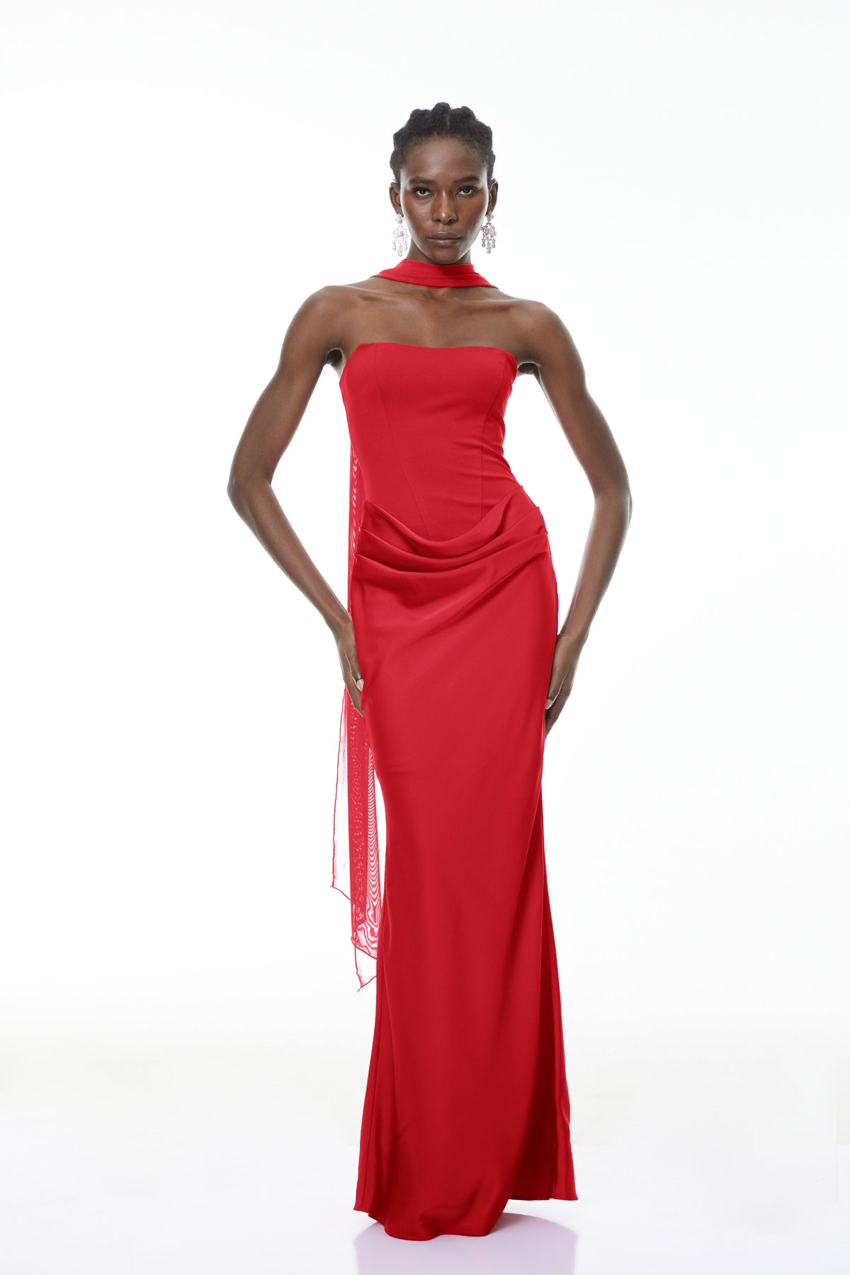 Berit Red Scarf Off Shoulder Ruched Maxi Dress (Final Sale-US Only)