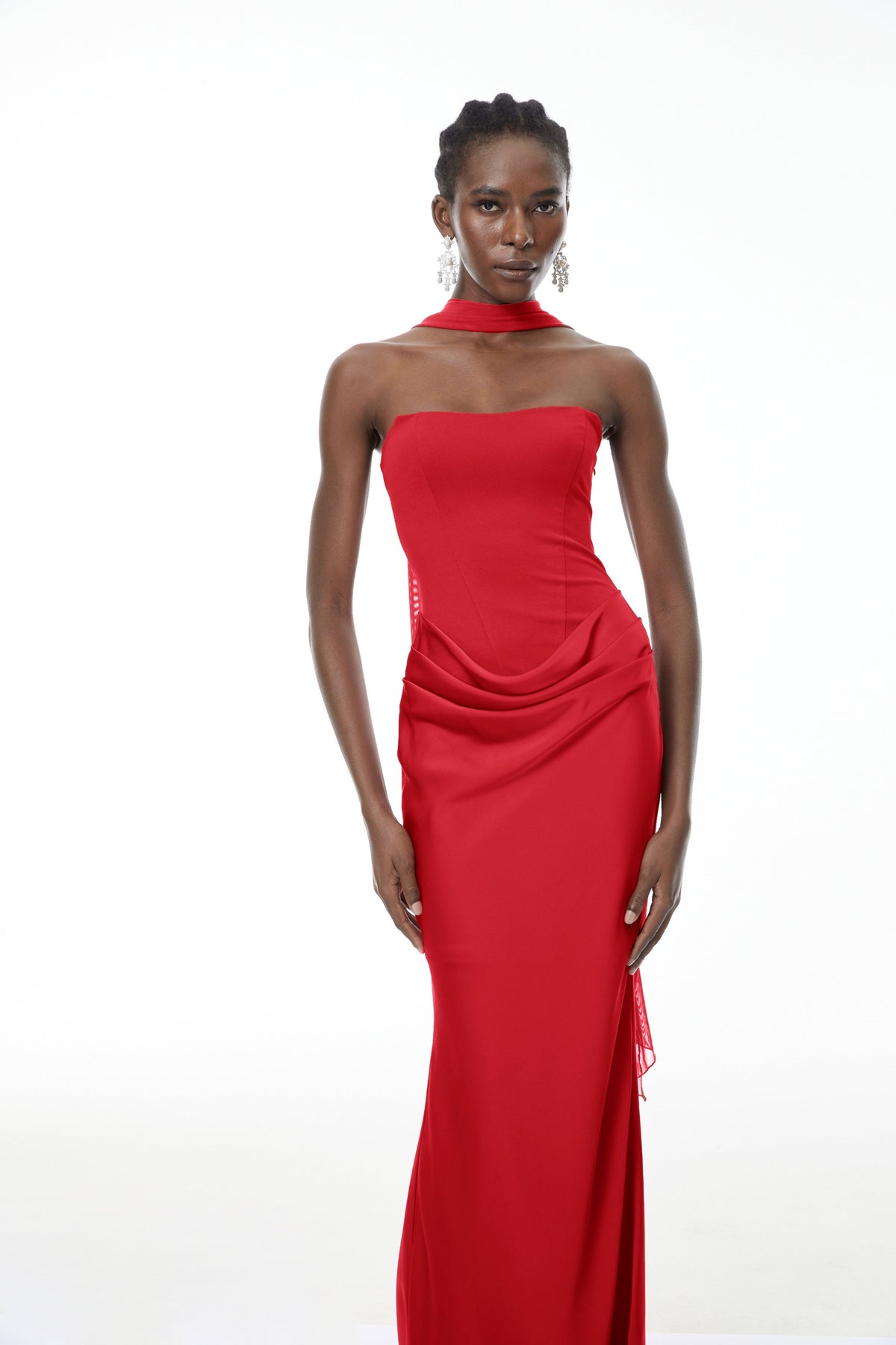 Berit Red Scarf Off Shoulder Ruched Maxi Dress (Final Sale-US Only)