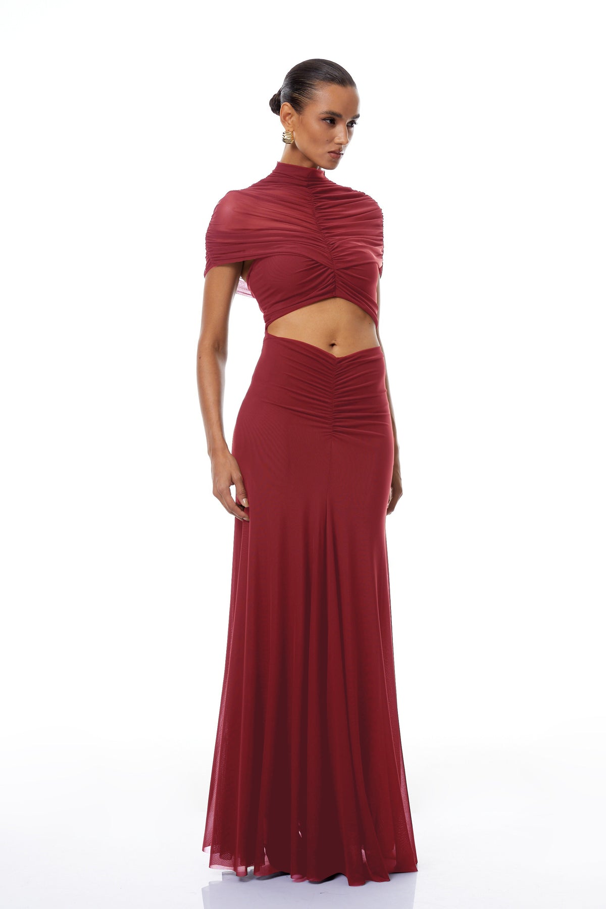 Bruna Red Cut-Out Ruched Mesh Maxi Dress