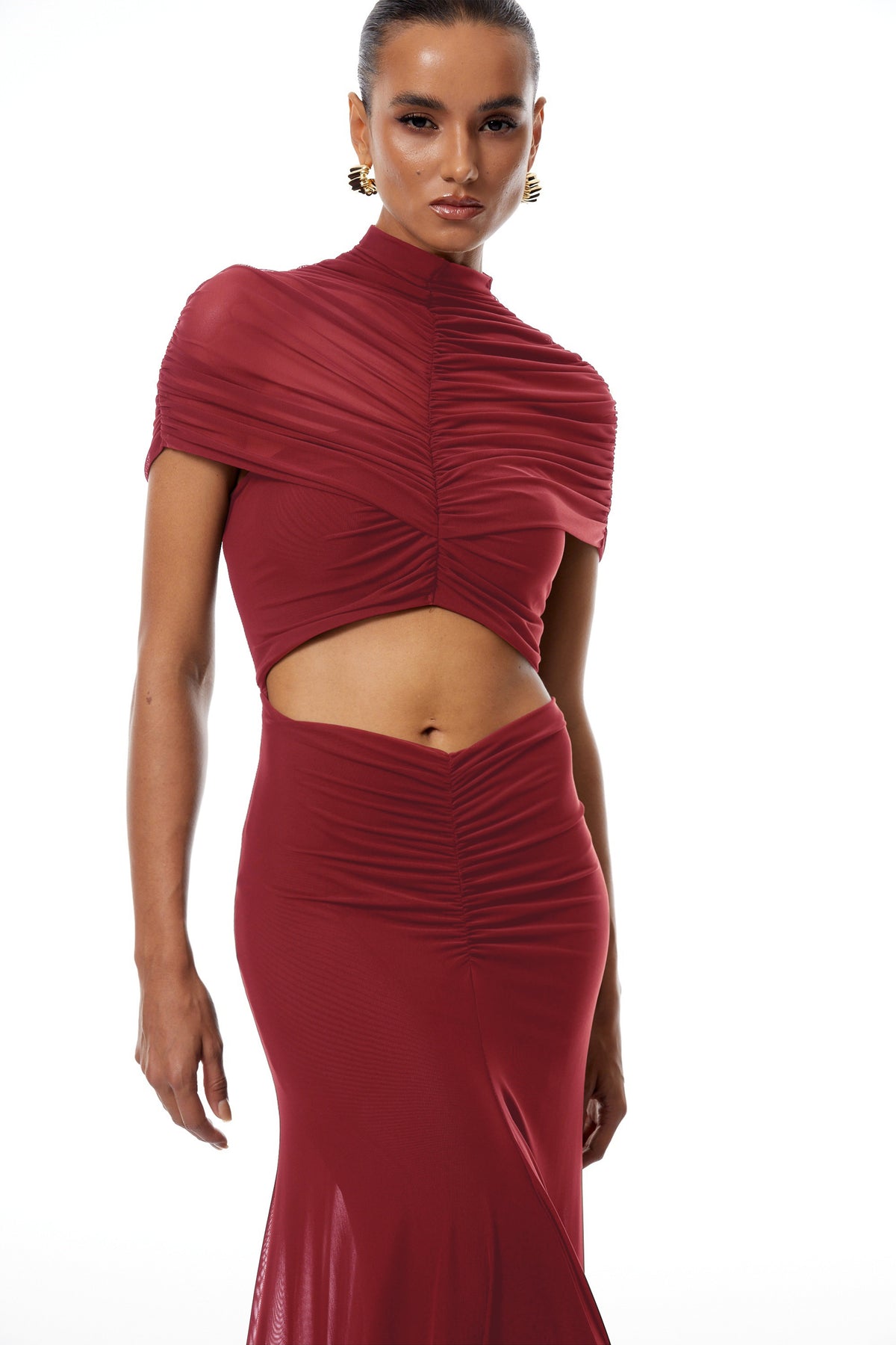 Bruna Red Cut-Out Ruched Mesh Maxi Dress