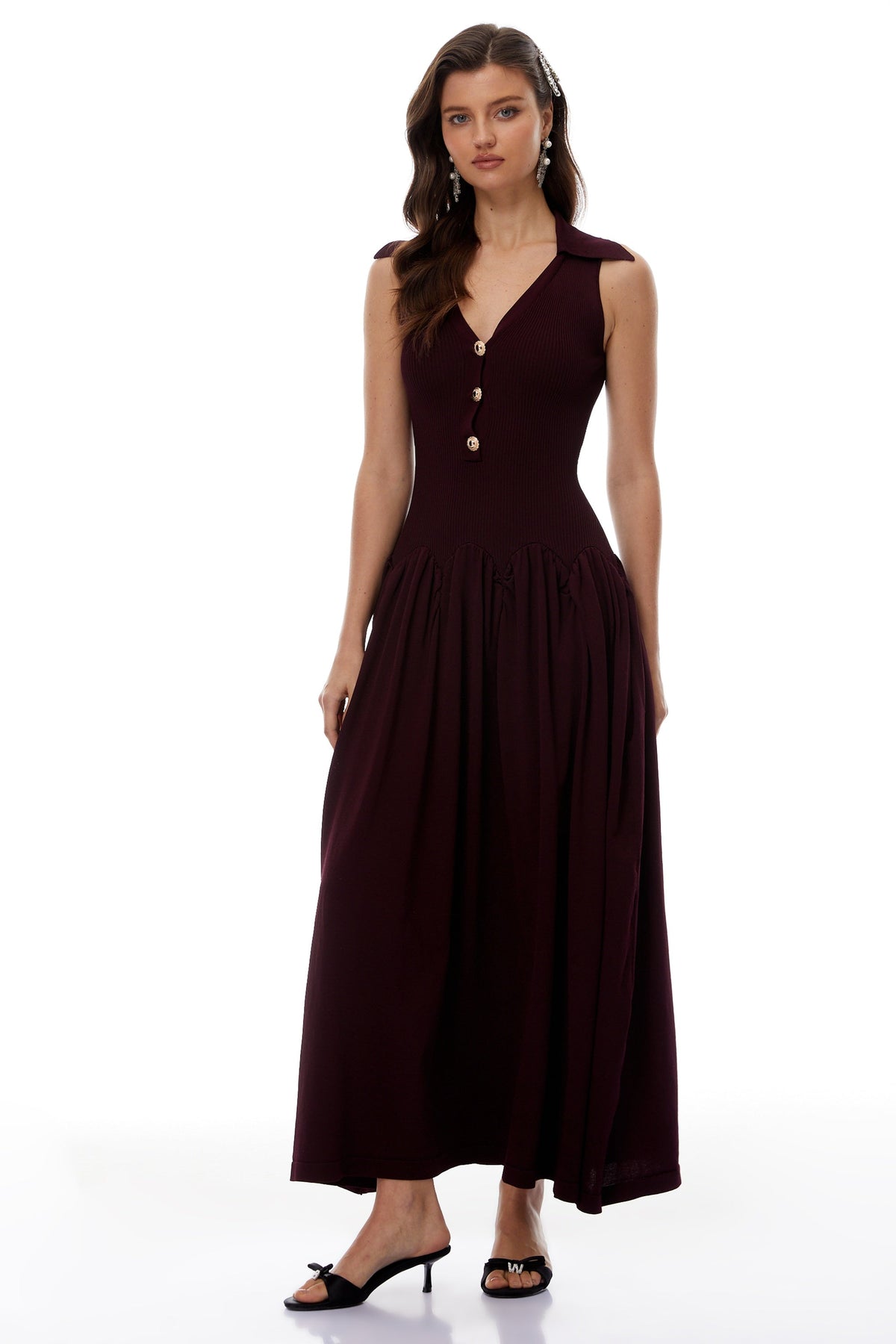 Brynhildur Burgundy Sleeveless Knit Maxi Dress