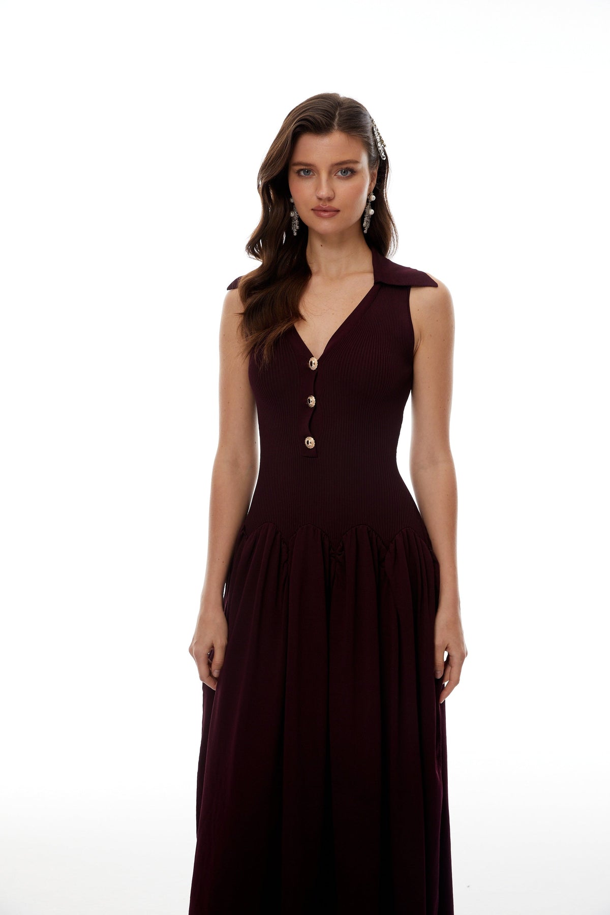 Brynhildur Burgundy Sleeveless Knit Maxi Dress