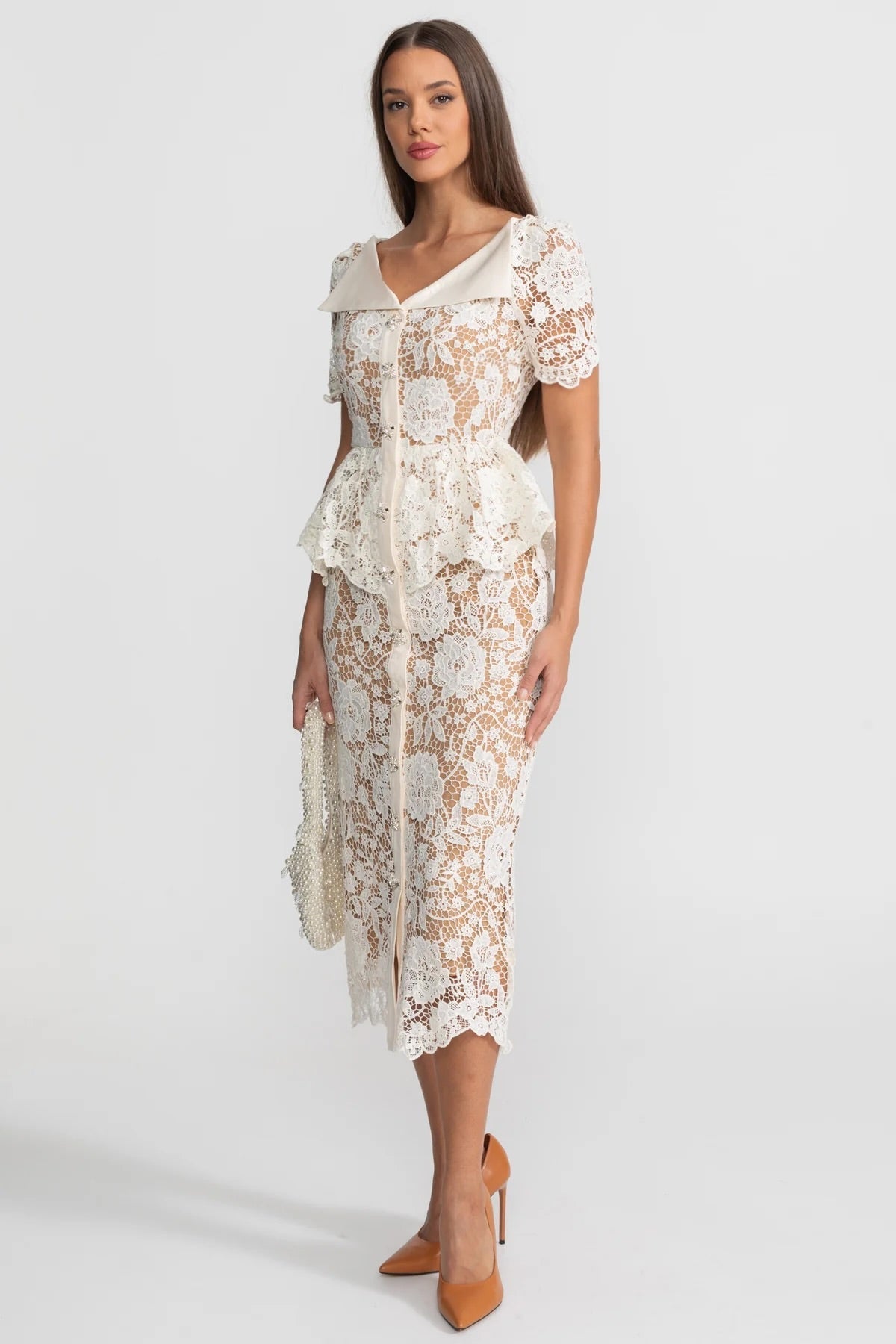 Lace Midi Dress with Peplum Waist and Satin Collar - White