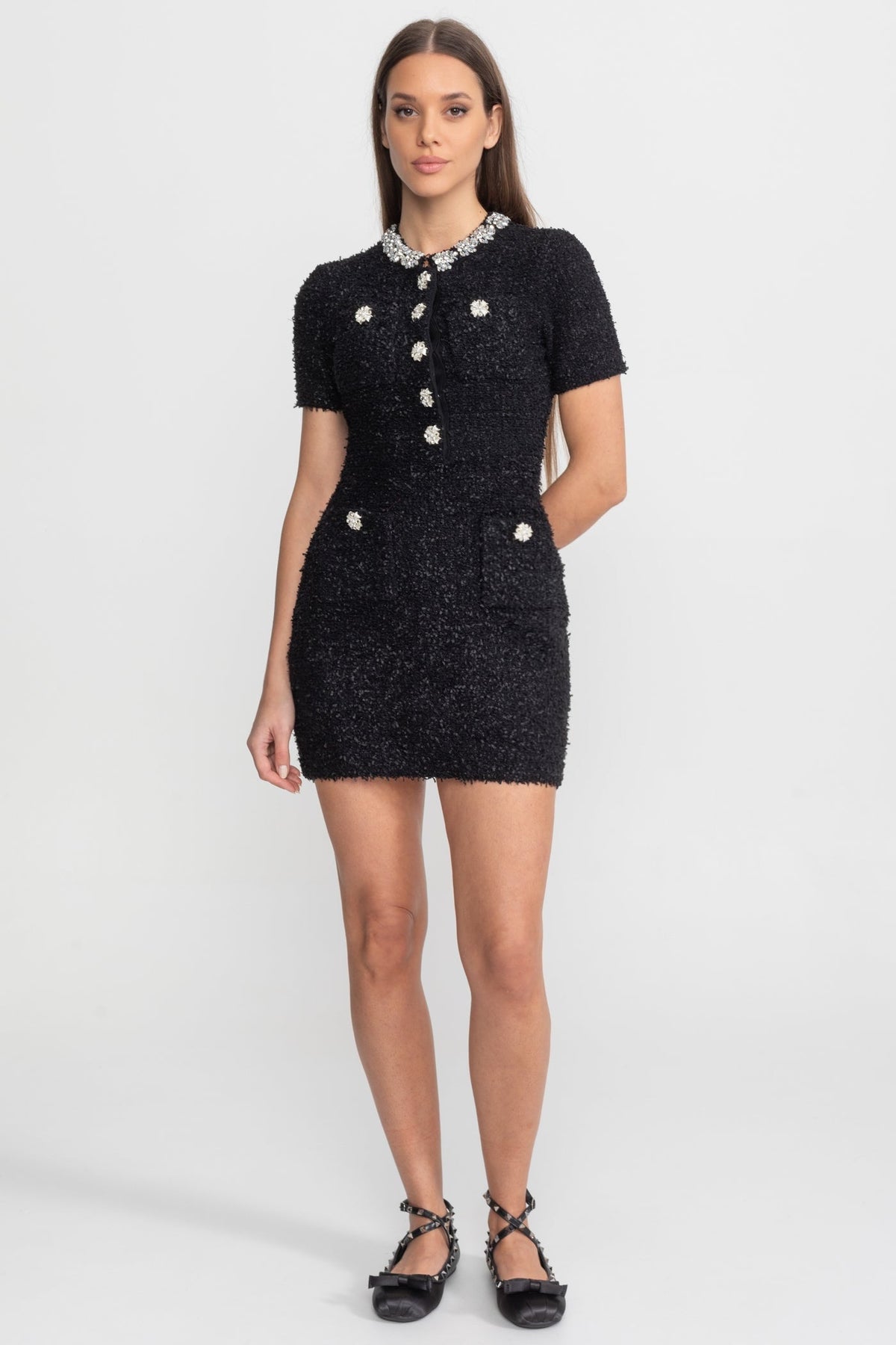 Embellished Tweed Mini Dress with Crystal Button Details – Black