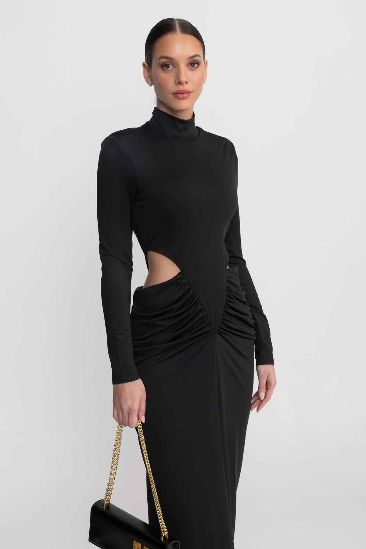 High Neck Maxi Dress With Long Sleeves And Waist Cut-Out Detail - Black