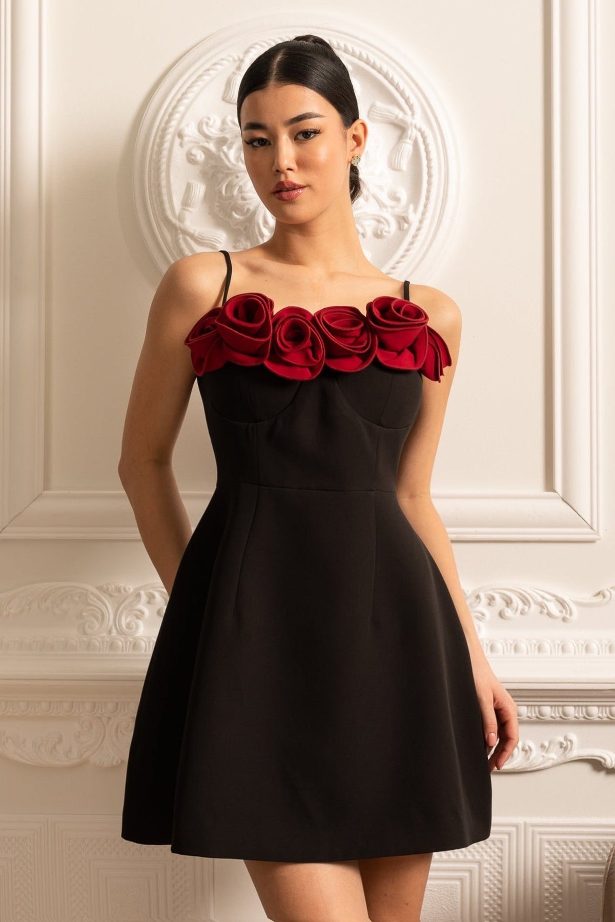Sleeveless Mini Dress With Flared Skirt And Red Rose Embellishments - Black