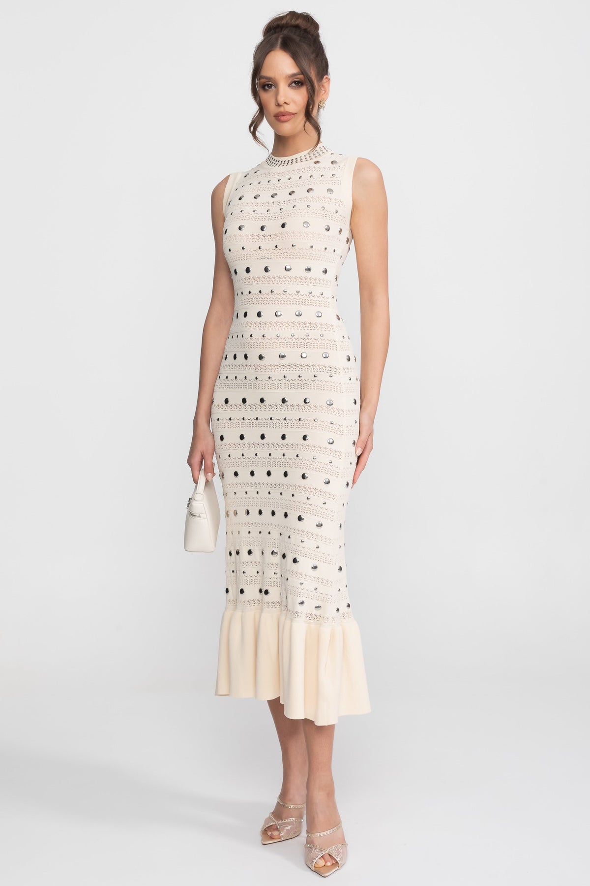 Embellished Knit Midi Dress With High Neck And Ruffle Hem - Cream
