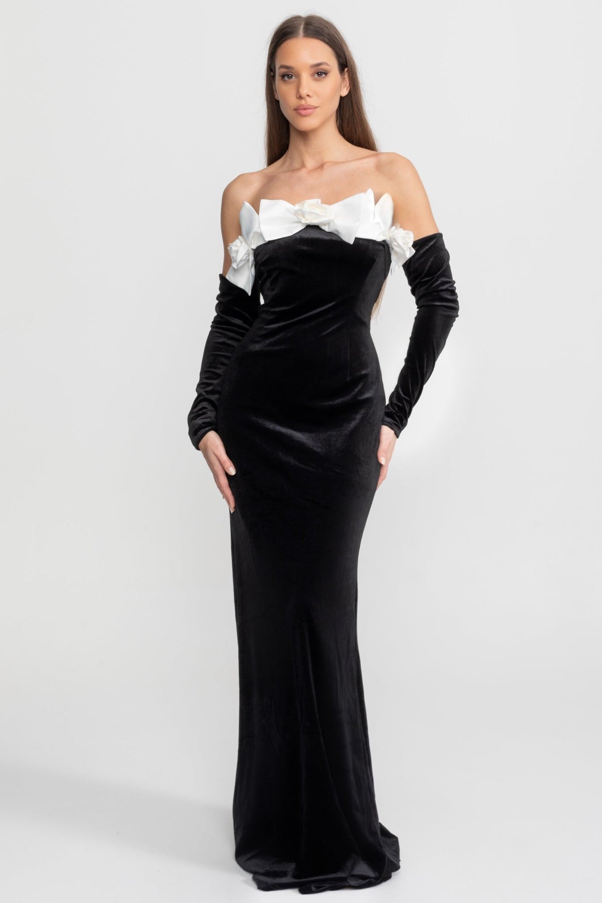 Velvet Strapless Maxi Dress with Floral Bow Appliqué – Black